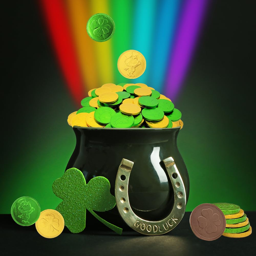 Premium Belgian Nut-Free Milk Chocolate Coins - 2 Pounds Saint Patrick's Day Shamrock Leprechaun Green & Gold Chocolate Coins (Approx. 180 Pieces), Kosher Certified | Perfect for St. Patrick's Day Gifts, Party Favors & Holiday Treats