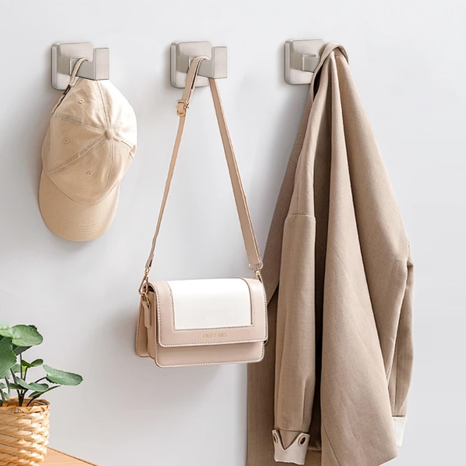 NearMoon 3-Pack Brushed Nickel SUS304 Stainless Steel Square Bath Towel Hooks - Heavy Duty Wall Mounted Coat Hangers for Bathroom, Living Room, Hotel, Kitchen & Garage - Perfect for Organizing Robes, Towels & Clothes
