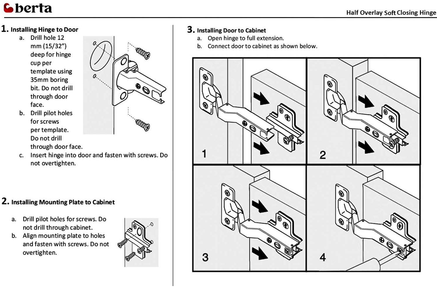 40-Piece Berta Soft Close Frameless Cabinet Hinges - 110° Half Overlay, 6-Way 3-Cam Adjustable Concealed Hinges for Kitchen & Bathroom Cabinets - Perfect for DIY Installation & Cabinet Upgrades