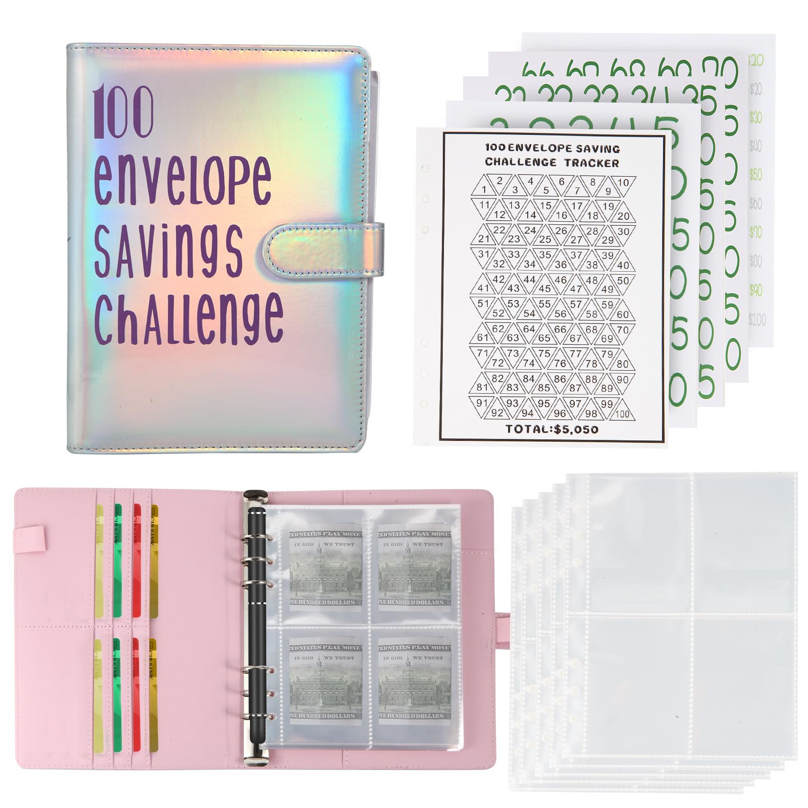 100 Envelope Money Saving Challenge Binder - Save $5050 in 100 Days | Budget Tracker for Cash Envelopes