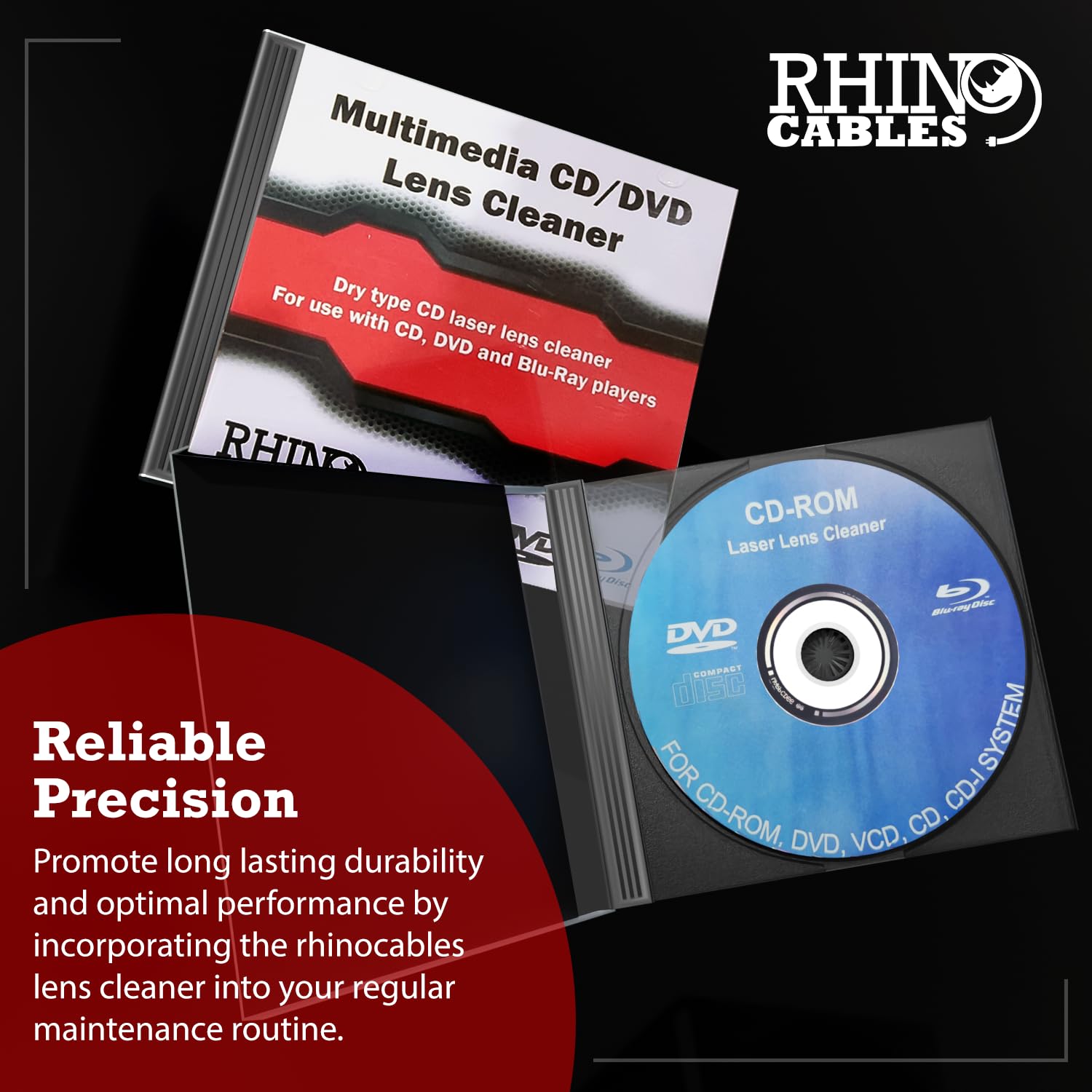 Rhinocables CD DVD Lens Cleaner Kit - Laser Cleaning Disc Set for Optical Drive Maintenance in CD, DVD & Blu-Ray Players (Model C1309) | Perfect for Home Theater Systems, Gaming Consoles & Car Stereos