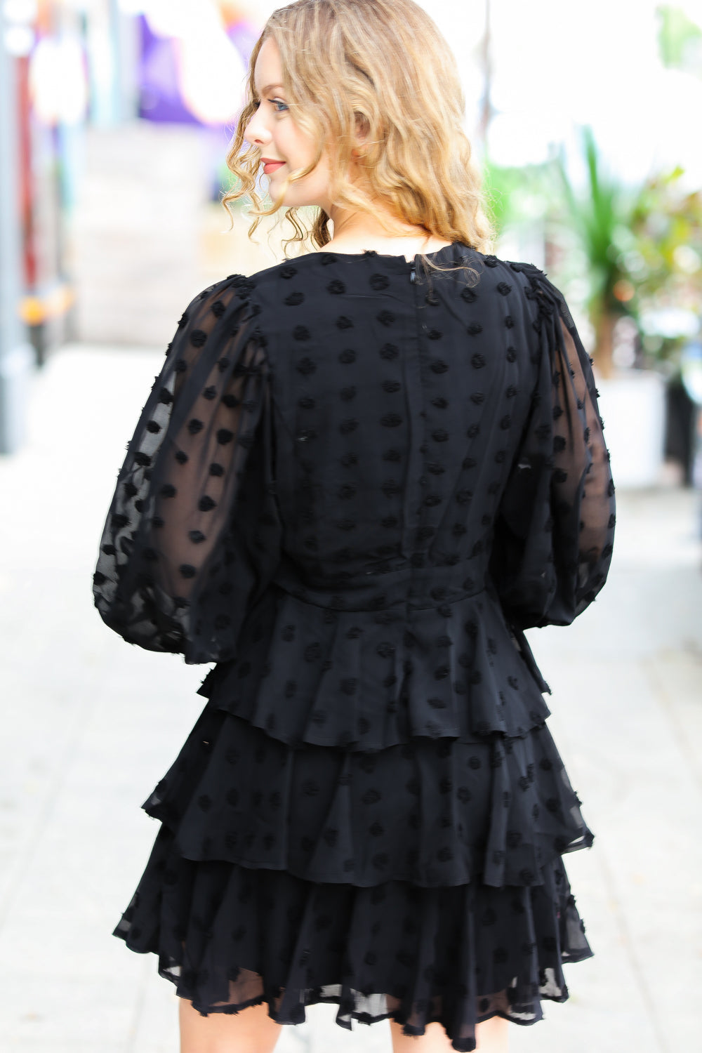 Holiday Vixen Black Chiffon Swiss Dot V-Neck Tiered Ruffle Dress - Elegant Party Gown for Christmas, New Year & Special Occasions