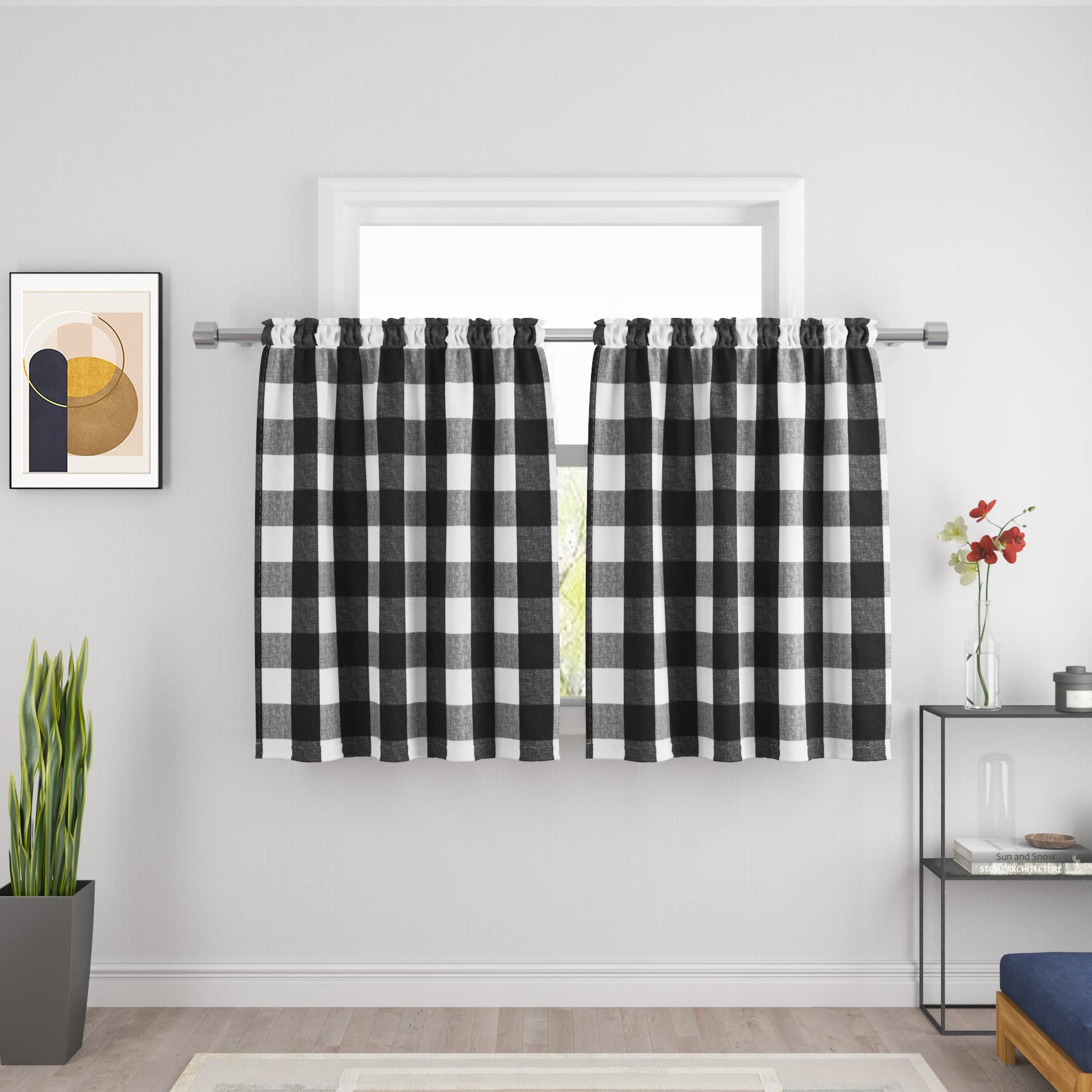 Buffalo Check Farmhouse Kitchen Curtains - Cotton Short Bathroom Window Treatment, 36 Inch Long Plaid Gingham Cafe Curtains (2 Panels, Rod Pocket, Black & White) for Basement, Bedroom & Cozy Home Decor