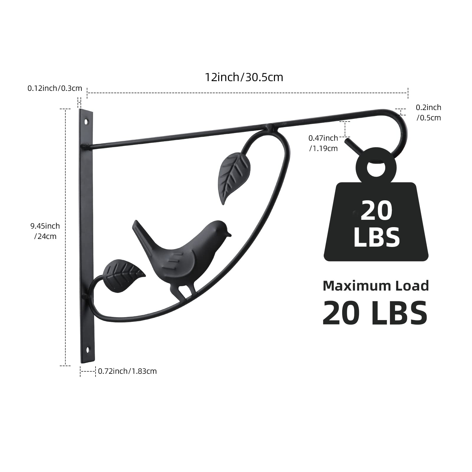 12 Inch Wall Mounted Hanging Plant Bracket - Heavy Duty Black Planter Hooks for Outdoor & Indoor Use - Includes Screws (2 Pack) - Perfect for Lanterns, Flower Pots, Bird Feeders & Wind Chimes in Garden, Lawn, Patio or Balcony