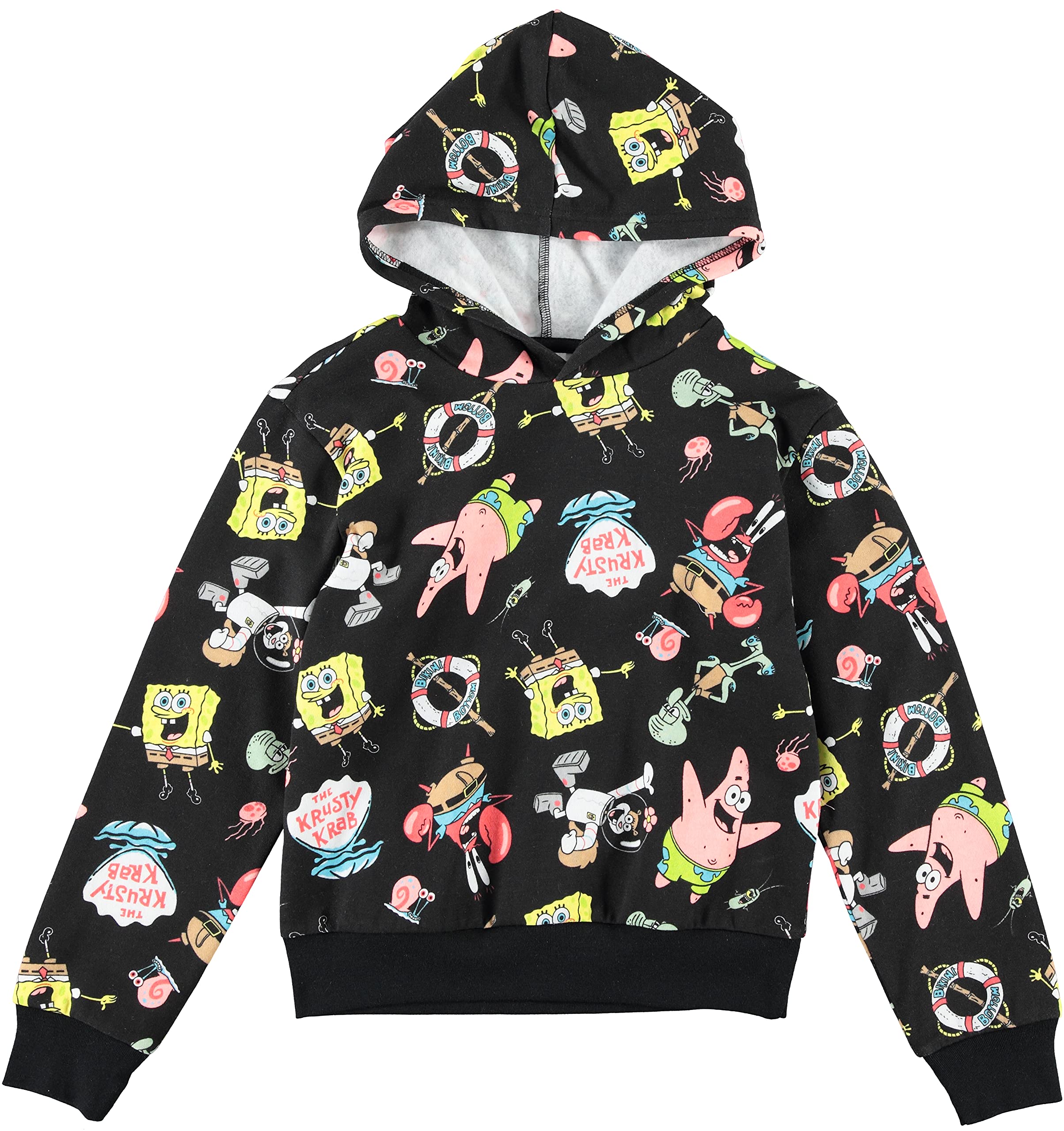 SpongeBob SquarePants Boys Pullover Hoodie - All Over Print with Krusty Krab, Patrick, Sandy, Squidward, Gary & Pearl - Cute Cartoon Character Sweatshirt for Kids - Perfect for School, Playdates & Birthday Parties