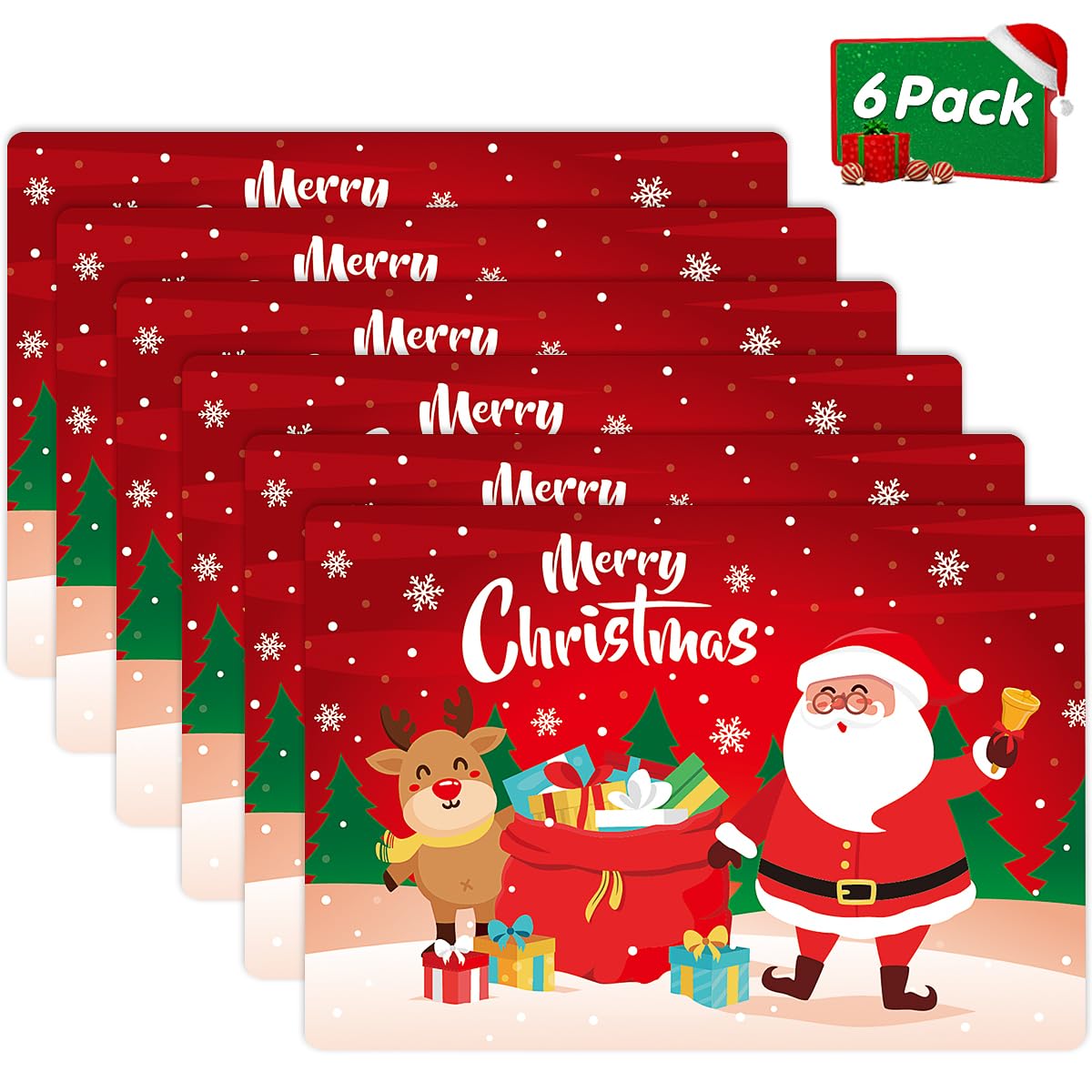 BESTonZON Christmas Placemats Set of 6 - 17x11 Inch Holiday Table Mats in Festive Red - Merry Xmas Dining Decor for Kitchen, Party & Holiday Gatherings