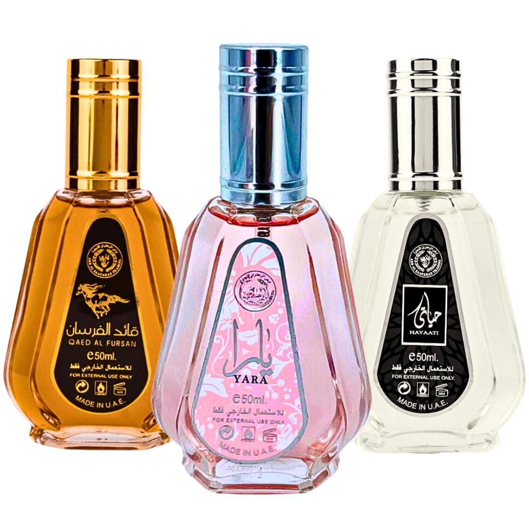 Lattafa Perfumes Yara, Qaed Al Fursan & Hayaati - Eau de Parfum 50ml (1.7 oz) Travel Size Mini Perfume Set, Original Luxury Fragrance for Men & Women - Perfect for Gifts, Travel & Daily Wear