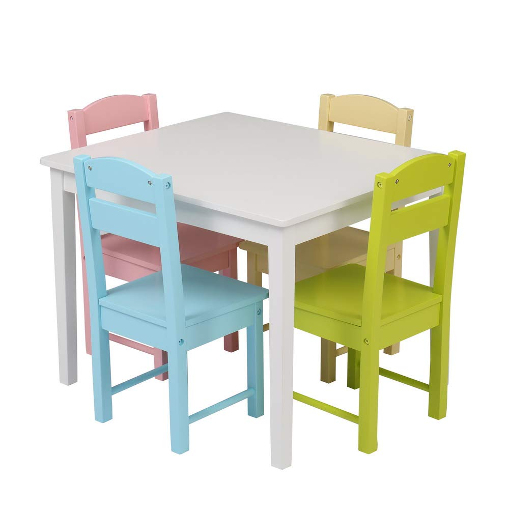 JYOSTORE Kids Wooden Table and Chair Set - 5 Piece Toddler Furniture for Playroom, Dining & Picnic - Includes 1 Activity Table & 4 Chairs for Ages 3-7 - Colorful Children's Table Set for Crafts, Snacks & Learning Activities