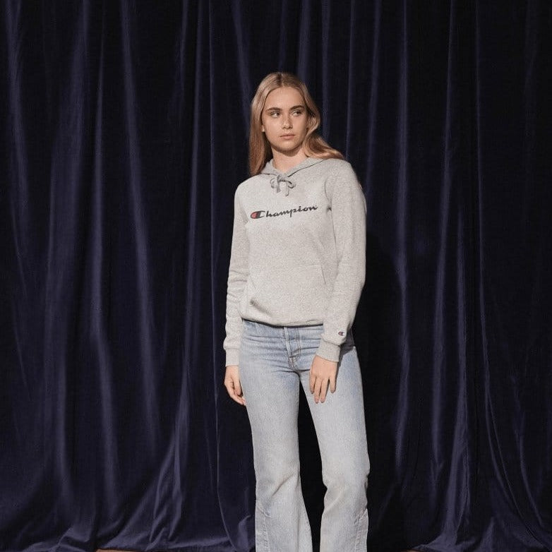 Champion Women's Script Oxford Heather Grey Hoodie - Soft Fleece Pullover for Casual Wear, Gym, and Outdoor Activities