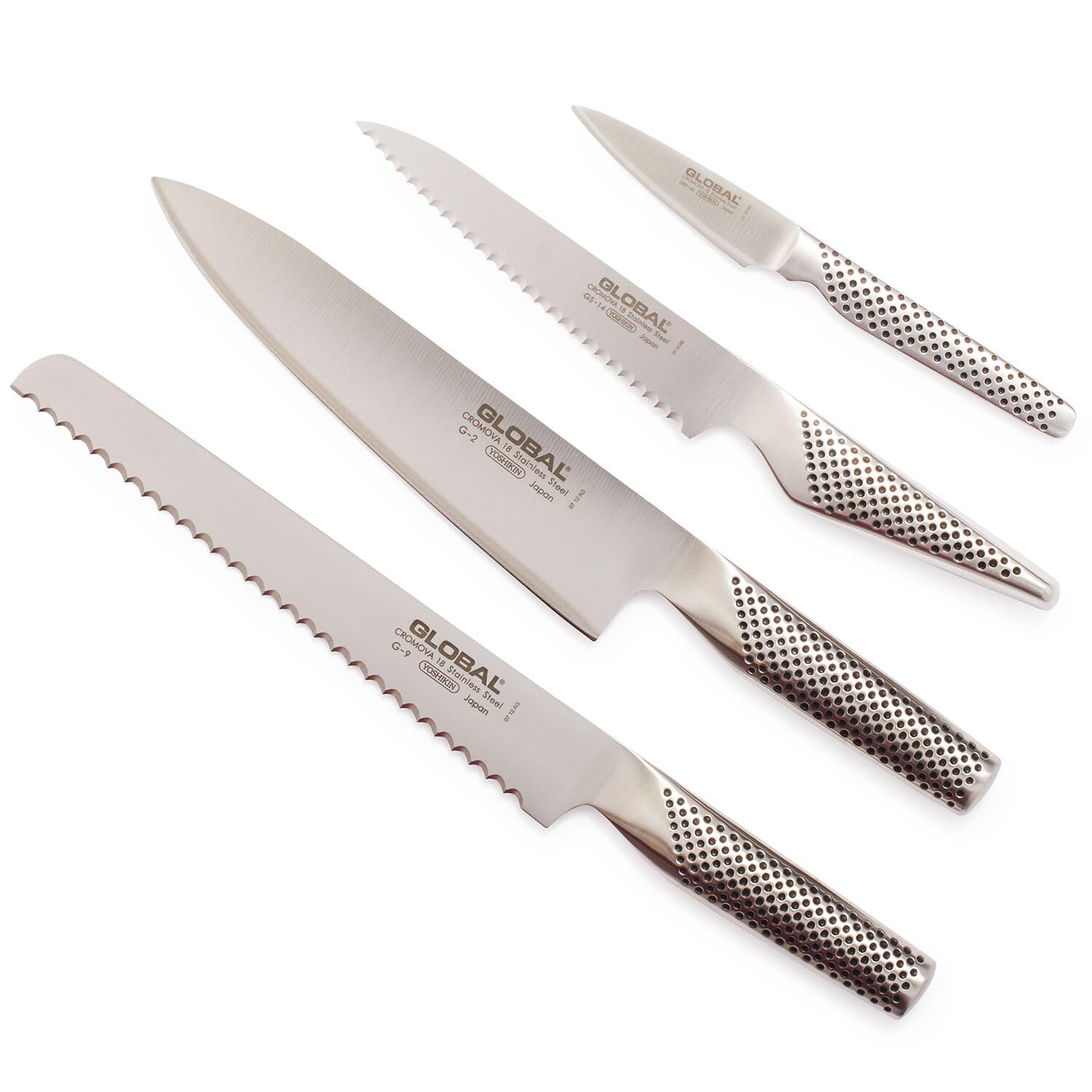 Premium Global 4-Piece Stainless Steel Knife Set - Chef Knife, Paring Knife, Utility Knife, Bread Knife - Perfect for Home Cooking, Professional Chefs & Kitchen Enthusiasts