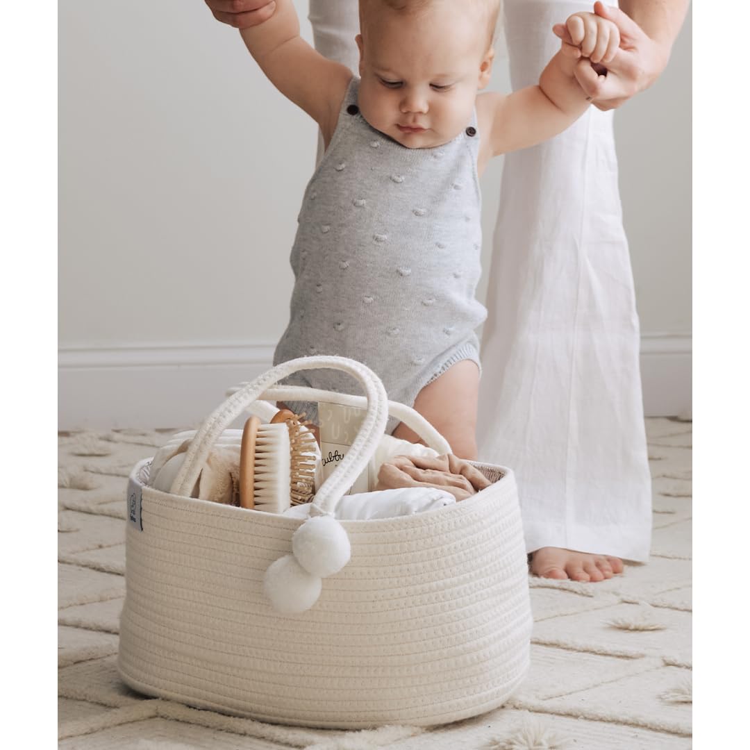 Portable Baby Diaper Caddy Organizer - Off White Rope Nursery Storage Bin for Changing Table & Car - Perfect Baby Shower Gift & Registry Essential - Ideal for Nursery Organization, Travel & On-the-Go Diaper Changes