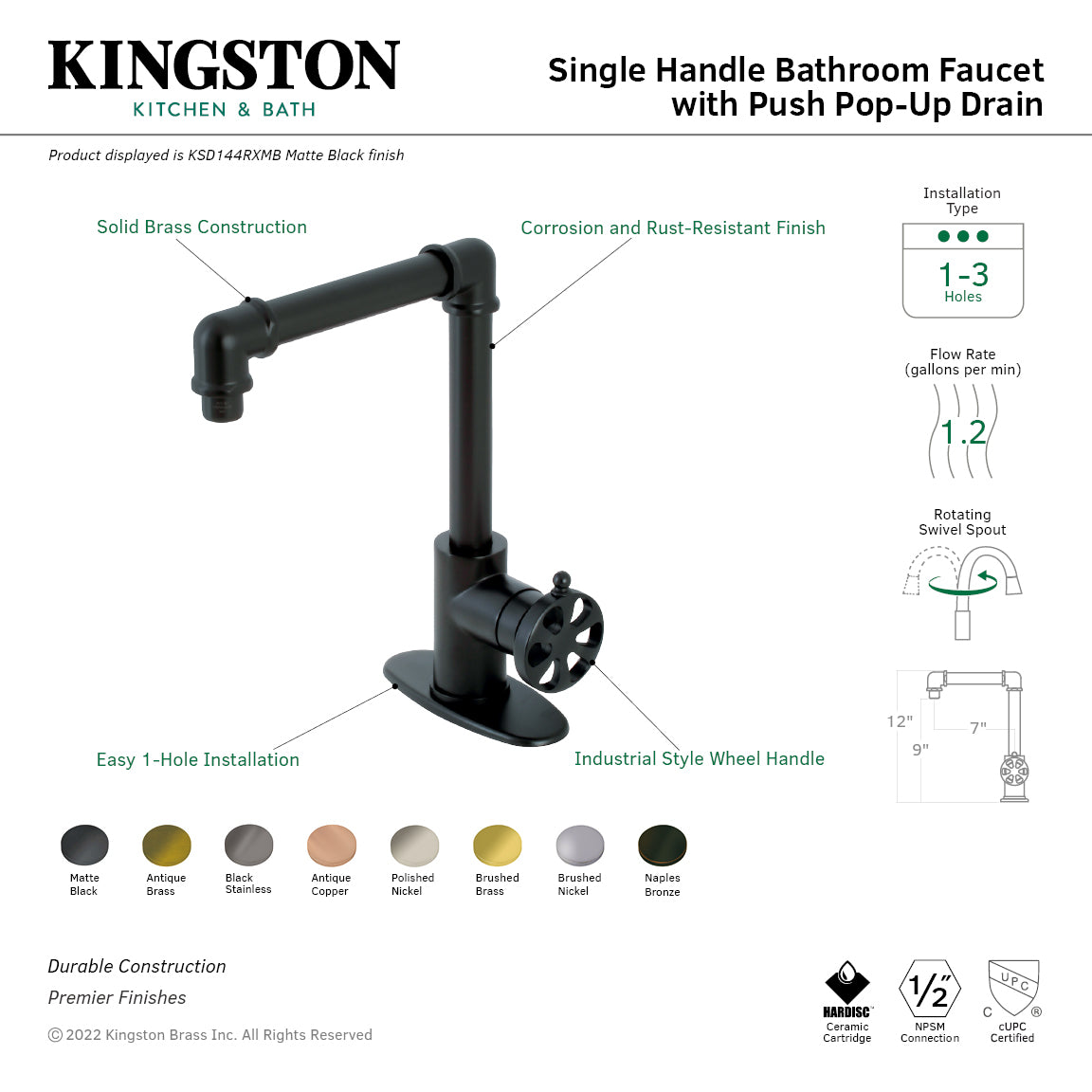 Belknap KSD144RXNB Single Handle Bathroom Faucet with Deck Plate & Push Pop-Up Drain - Naples Bronze Finish for Bathroom Sink Vanity and Powder Room
