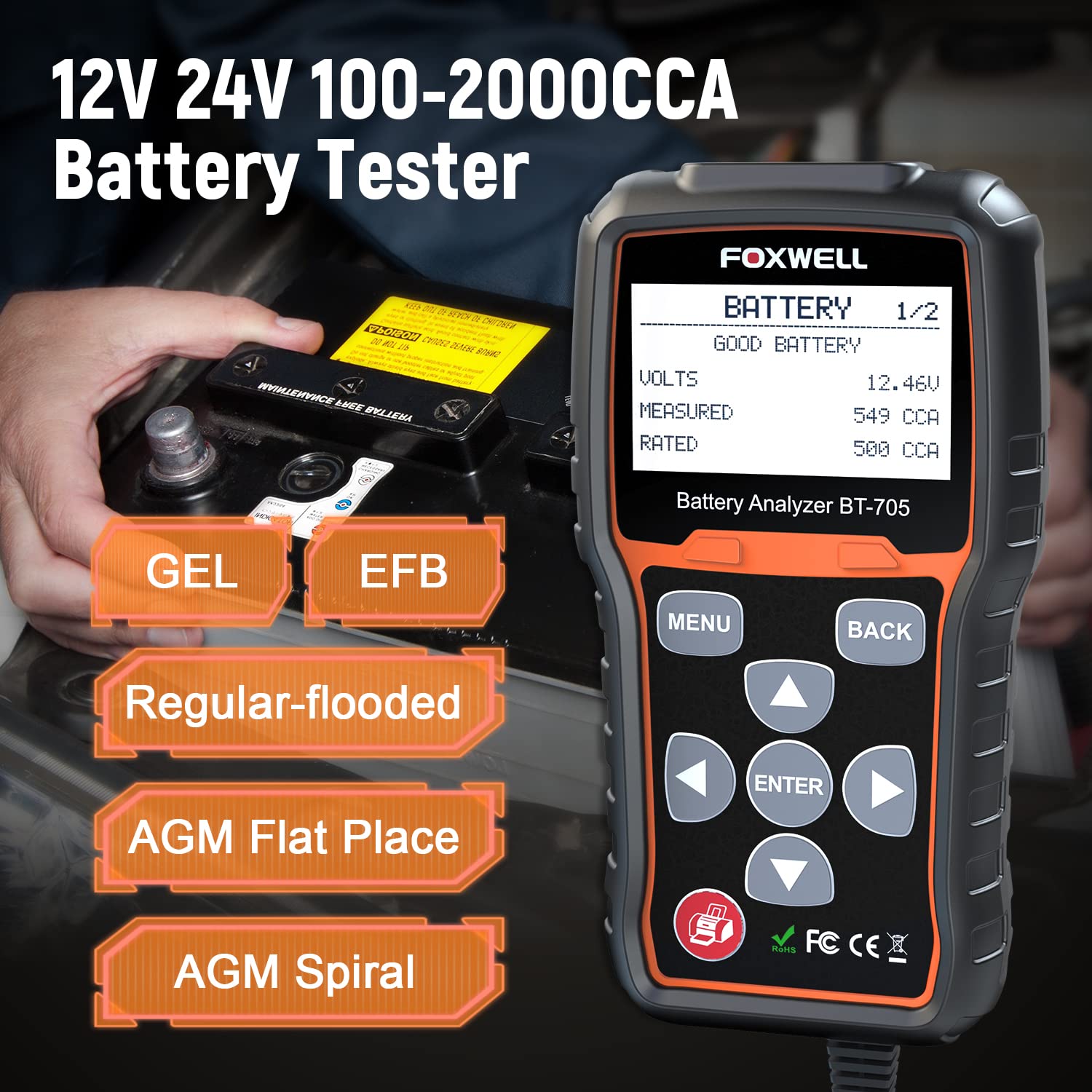FOXWELL BT705 12V 24V Car Battery Tester - 100-2000CCA Automotive Battery Load Tester & Analyzer with Digital Charging System | Alternator Tester for Heavy Duty Trucks, Boats, Marine, SUV, ATV | Perfect for Cold Cranking & Vehicle Maintenance
