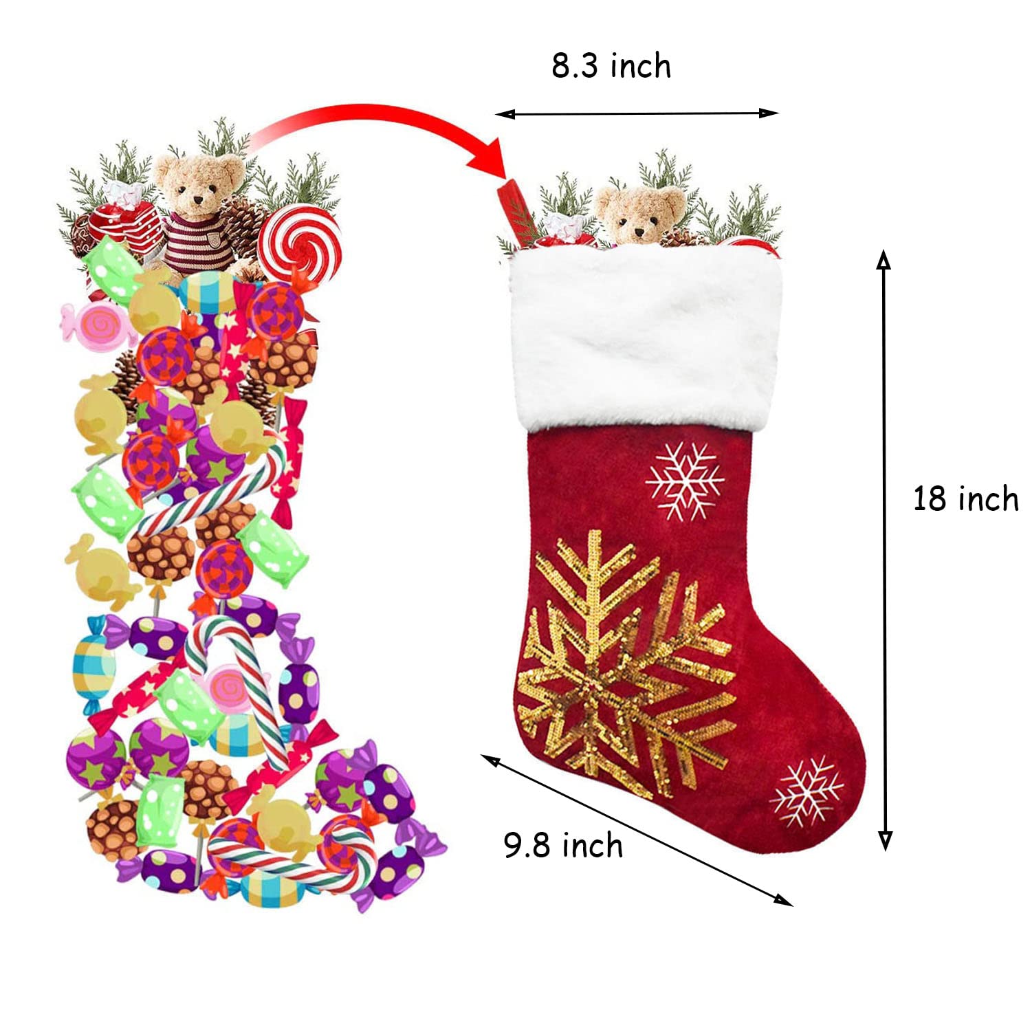 4-Pack Gold Sequins Burgundy Red Velvet Christmas Stockings Set with Snowflake Reindeer Holders - 18 Inch Holiday Decor for Fireplace Mantel, Xmas Tree, Gift Bags & Festive Home Decorations