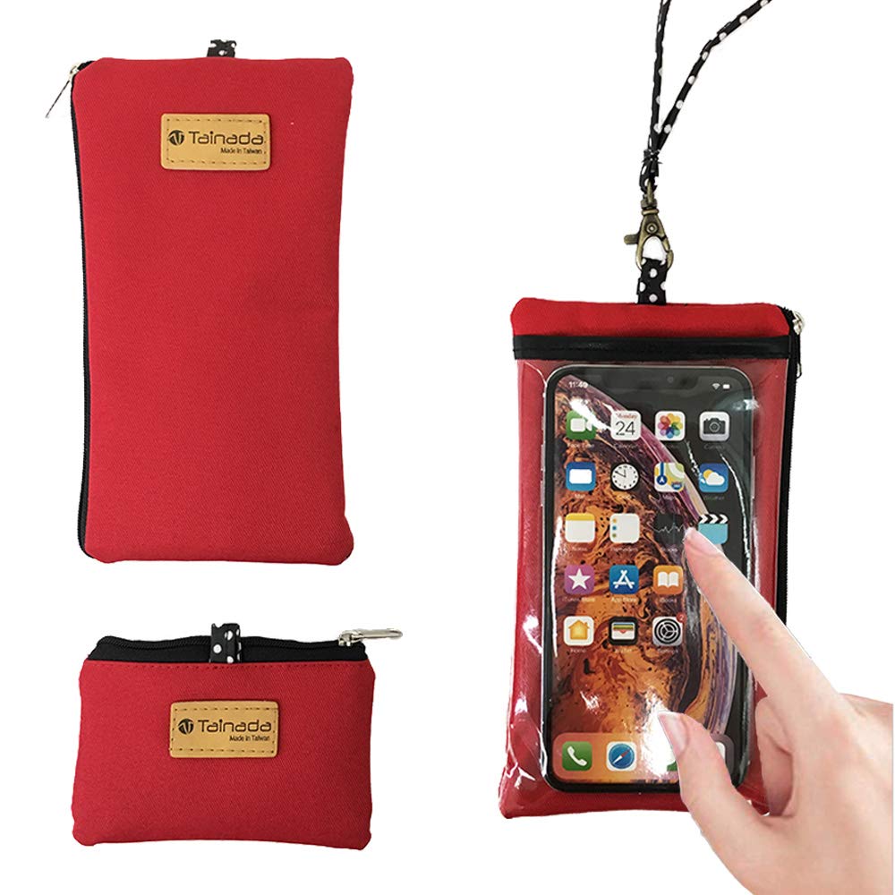 Tainada Clear View Phone Purse Pouch with Touch Screen Window & Adjustable Neck Strap - Compatible with iPhone 14/13/12, Samsung Galaxy - ID Card Holder & Coin Pocket (Red) - Perfect for Travel, Shopping, Concerts & Hands-Free Convenience