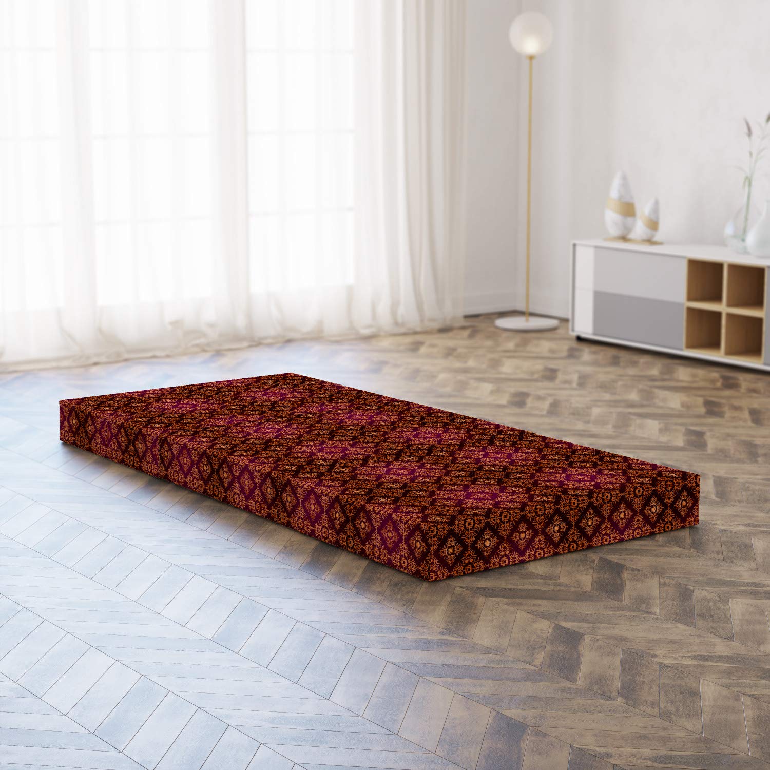 Ambesonne Foldable Mattress | Victorian Damask Pattern in Orange, Magenta & Black | 74.8