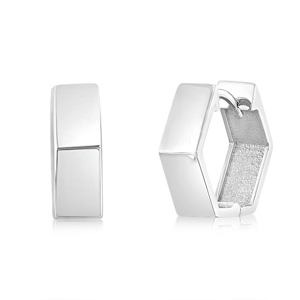 9ct White Gold Geometric Huggie Hoop Earrings 11.8mm - Elegant Everyday Jewelry for Women, Perfect for Work & Special Occasions