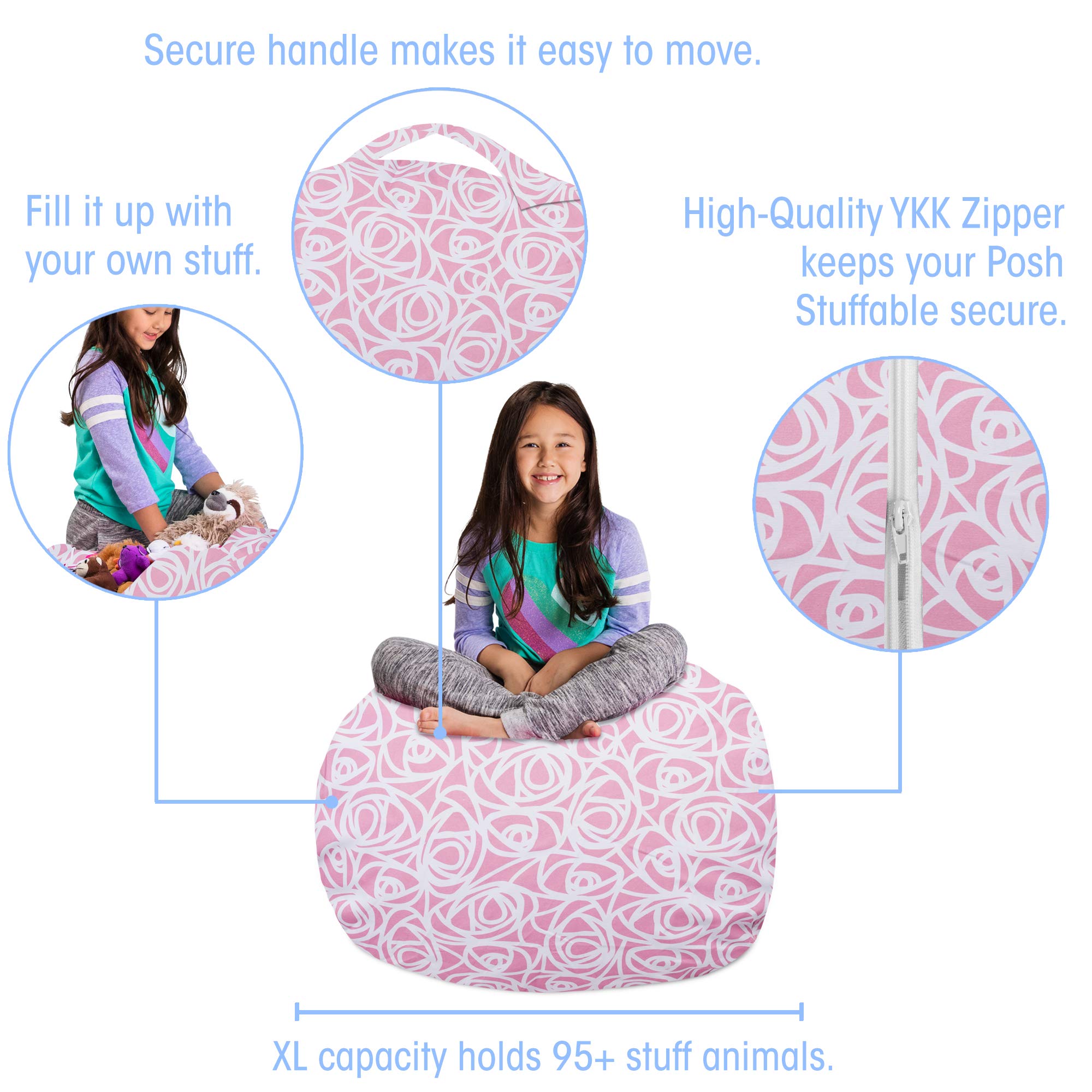 Posh Creations Kids Stuffed Animal Storage Bean Bag Chair Cover - Large 38in Toy Organizer for Children, Pink Canvas Roses Design - Perfect for Nursery, Playroom & Bedroom Organization