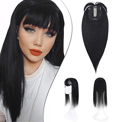 Premium Human Hair Toppers with Bangs for Women - 14 Inch 45g Clip-In Silk Base Hairpiece (Dark Black #01) | Natural Looking Remy Hair Topper for Thinning Hair & Hair Loss | Perfect for Daily Wear, Special Occasions & Hair Extensions