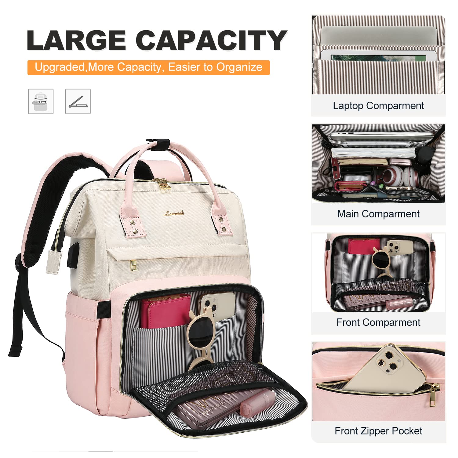 LOVEVOOK 17-inch Laptop Backpack for Women - Large Capacity Fashion Work Computer Bag, Travel & Business Backpack for Professionals, Nurse & Doctor Backpack (Beige-Pink) - Perfect for Office, School, Commuting & Travel