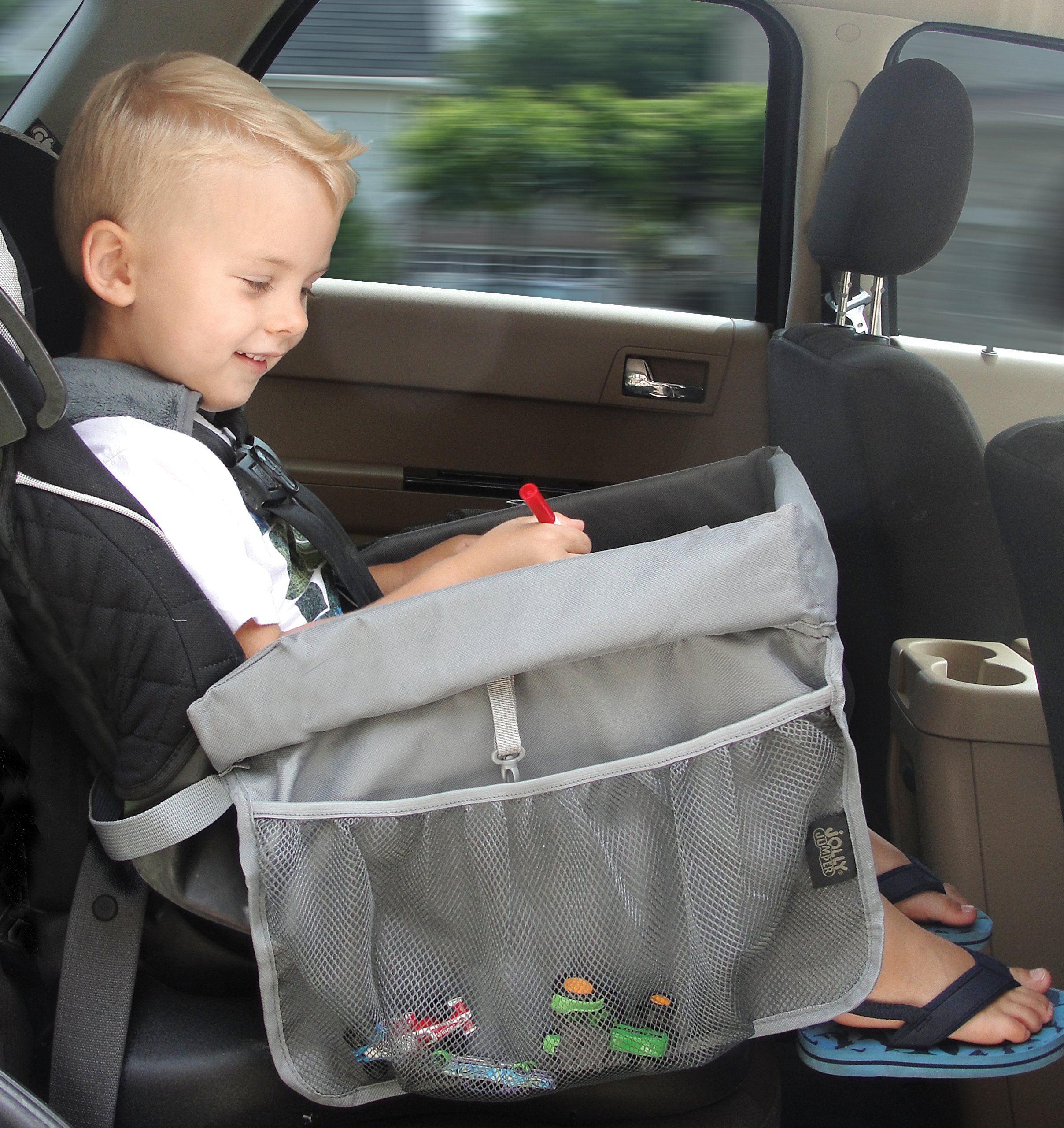 Jolly Jumper Travel Tray Organizer for Kids - Grey Car Seat Organizer with Storage Pockets - Perfect for Road Trips, Airplane Travel & Baby Strollers