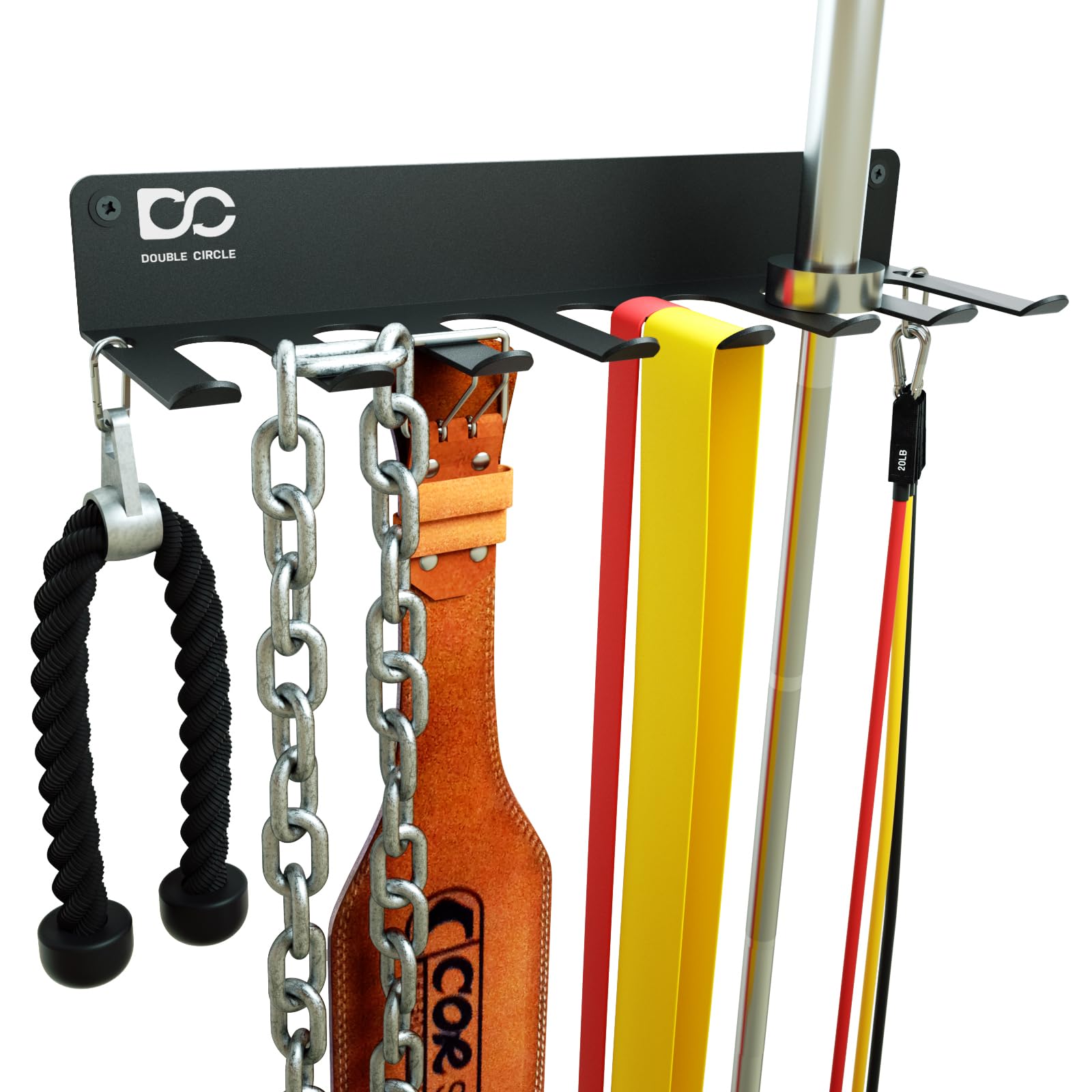 Double Circle Gym Equipment Storage Rack - Wall Mounted Multi-Purpose Organizer for Home Gym - Holds Exercise Bands, Barbells, Jump Ropes, Chains & Lifting Belts (17