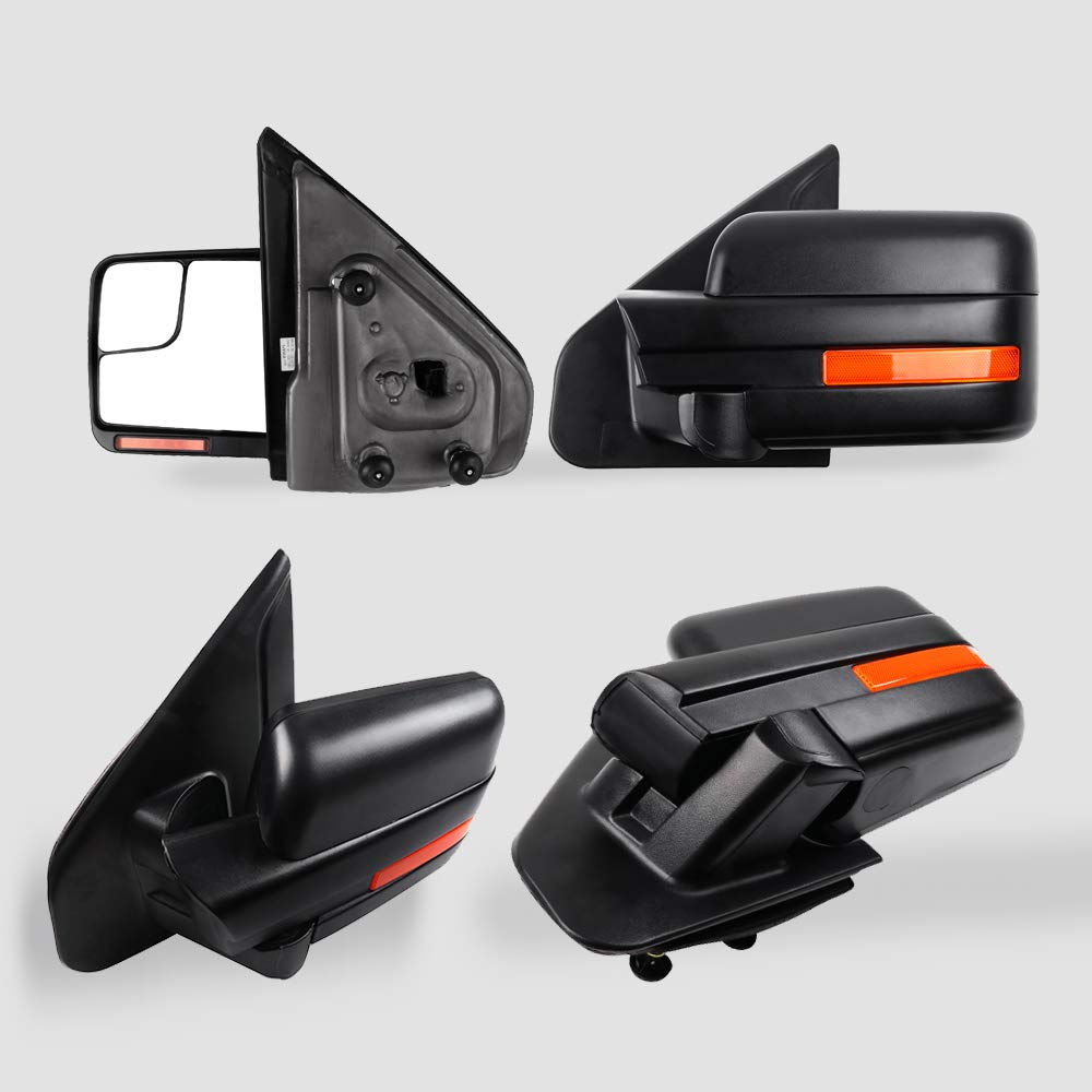 LUJUNTEC Power Adjustable Heated Towing Mirrors with Turn Signal & Puddle Light - Compatible with 2004-2014 Ford F-150 Pickup Truck - Black Housing (Driver & Passenger Side) - Perfect for Towing, Off-Roading & Night Driving
