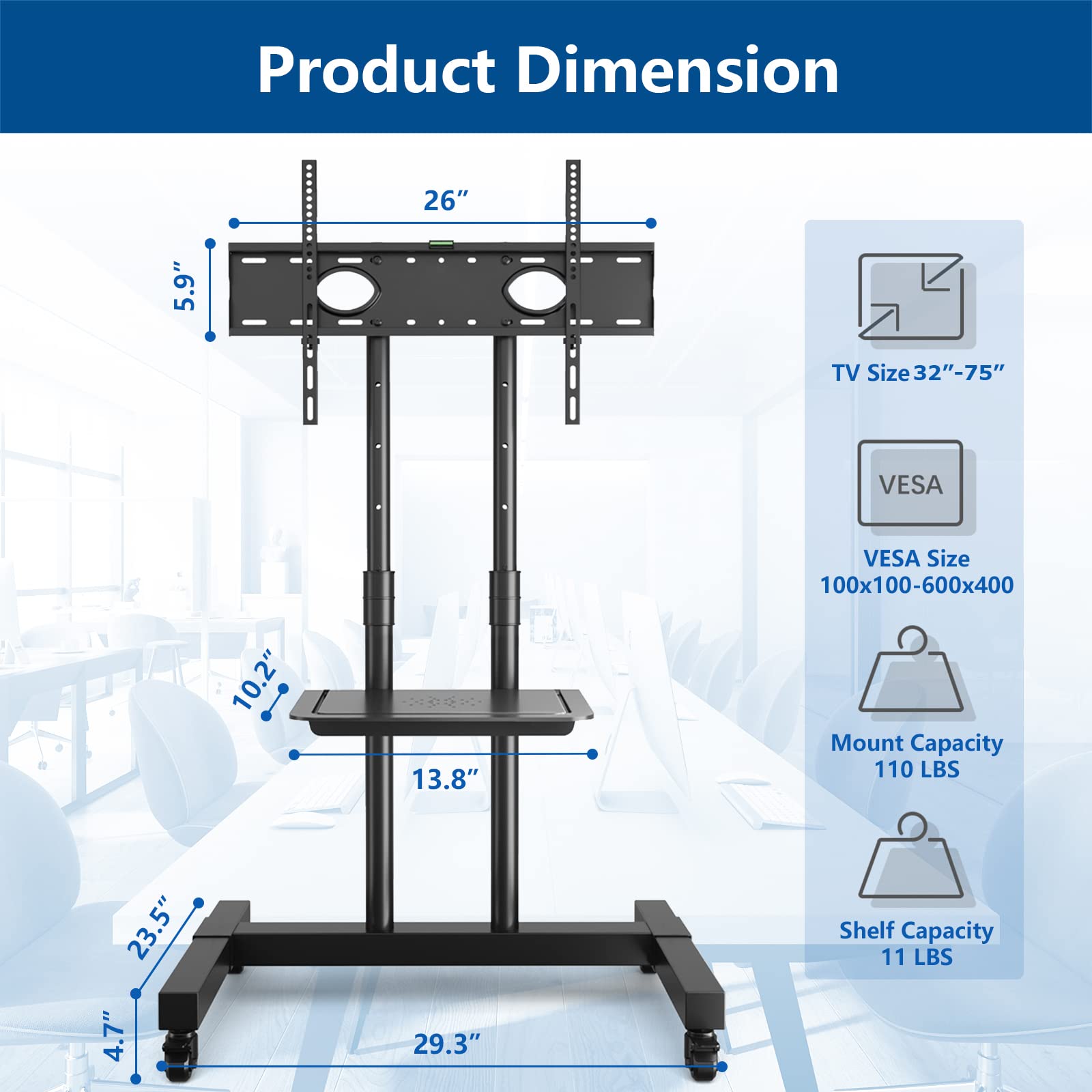 Universal Adjustable Table Top TV Stand for 27-60 Inch Flat Screens & Mobile TV Stand with Lockable Wheels for 32-75 Inch TVs - Perfect for Living Room, Bedroom, or Office Setup