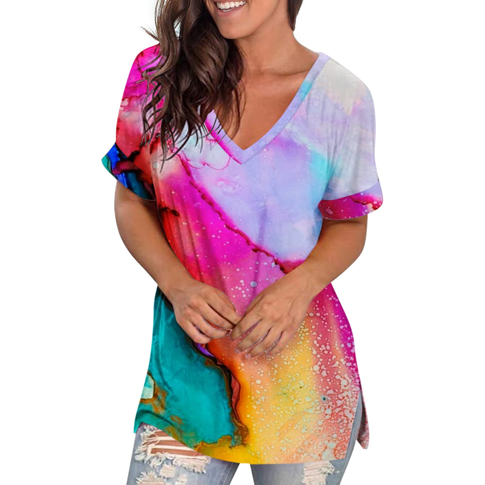 Women's Workout Shirts - Summer Short Sleeve V-Neck Printed Tunic Tee with Side Split | Gym, Yoga & Casual Wear