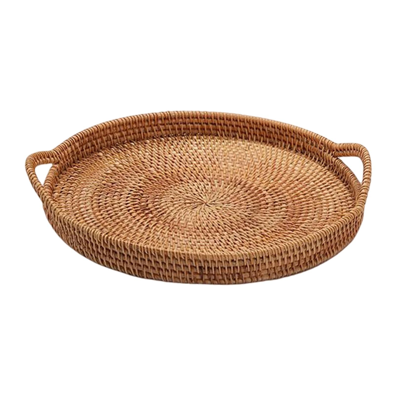 Hand Woven Rattan Serving Tray with Handles - 28cm Round Decorative Platter for Coffee Table, Fruits & Snacks