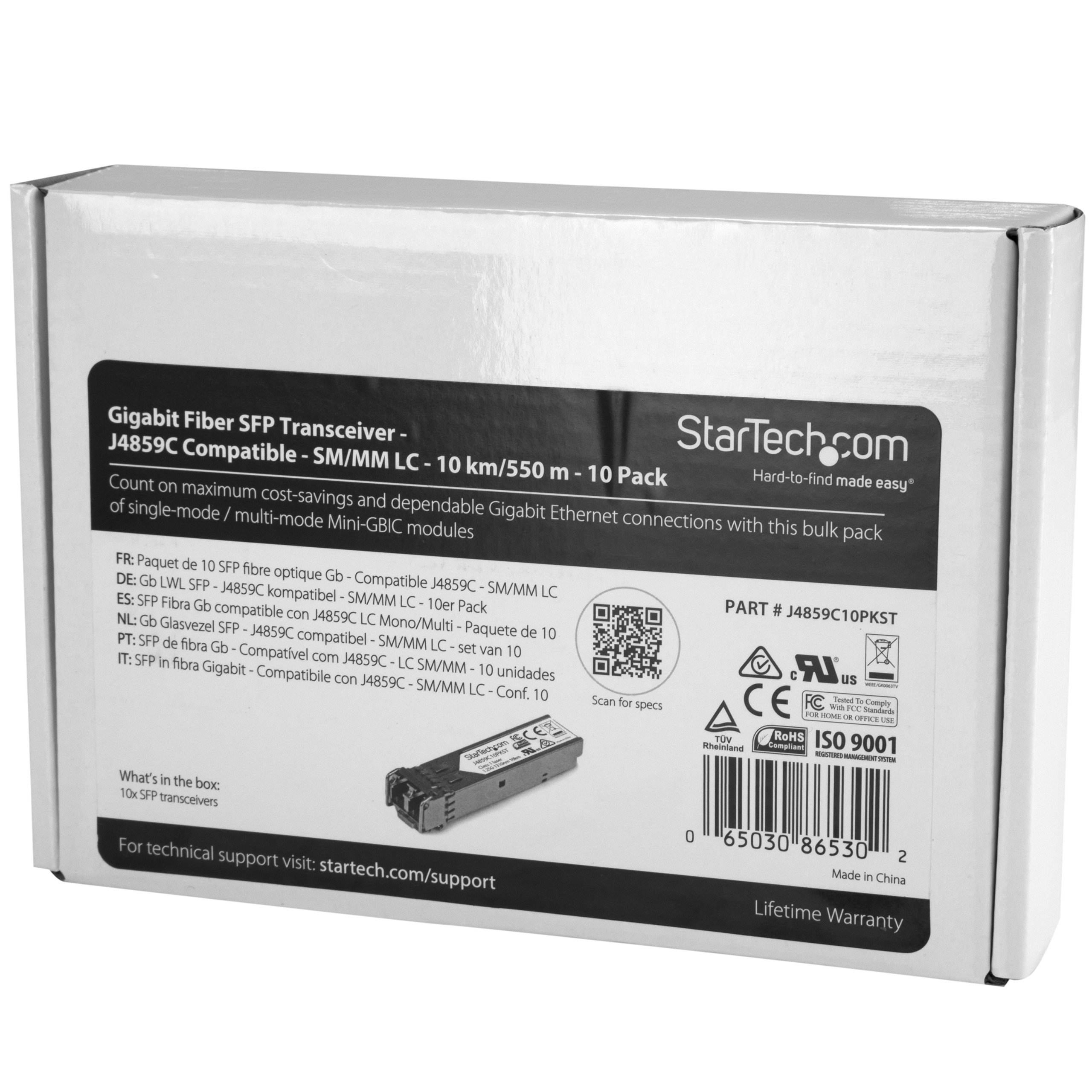 StarTech.com 10-Pack HPE J4859C Compatible SFP Module - 1000BASE-LX Gigabit Ethernet Fiber Optic Transceiver for Single Mode (SMF) & Multi Mode (MMF) - 1GE SFP-LC 10km 1310nm with DDM - Compatible with HPE 1400 & 1700 Series (J4859C10PKST) - Ideal for Data Centers, Enterprise Networks & Telecom Applications