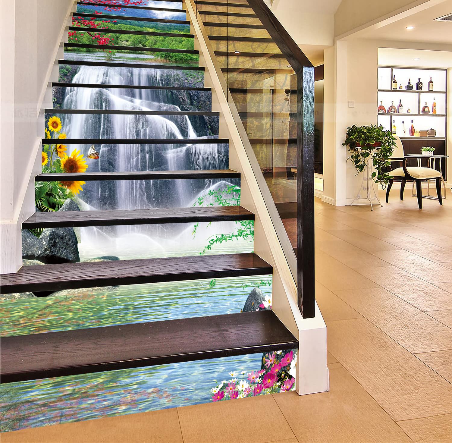 13-Piece 3D Waterfall Peel and Stick Stair Stickers - Self-Adhesive Stair Riser Decals - Non-Slip Home Decor (39.37
