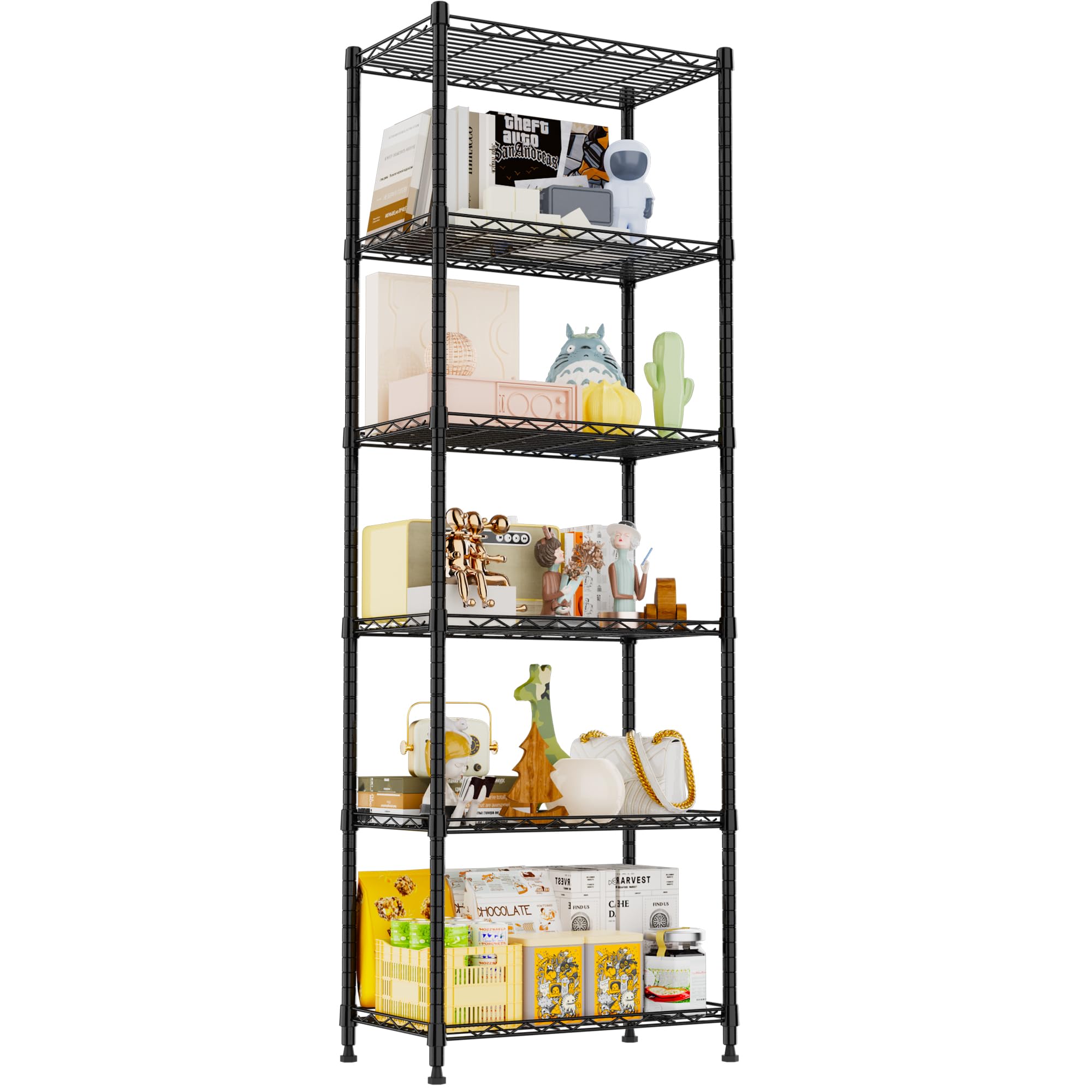 REGILLER 6-Tier Heavy Duty Steel Wire Shelving Unit - Adjustable Storage Rack for Laundry Room, Bathroom, Kitchen, Pantry & Closet Organization (Black, 11.7
