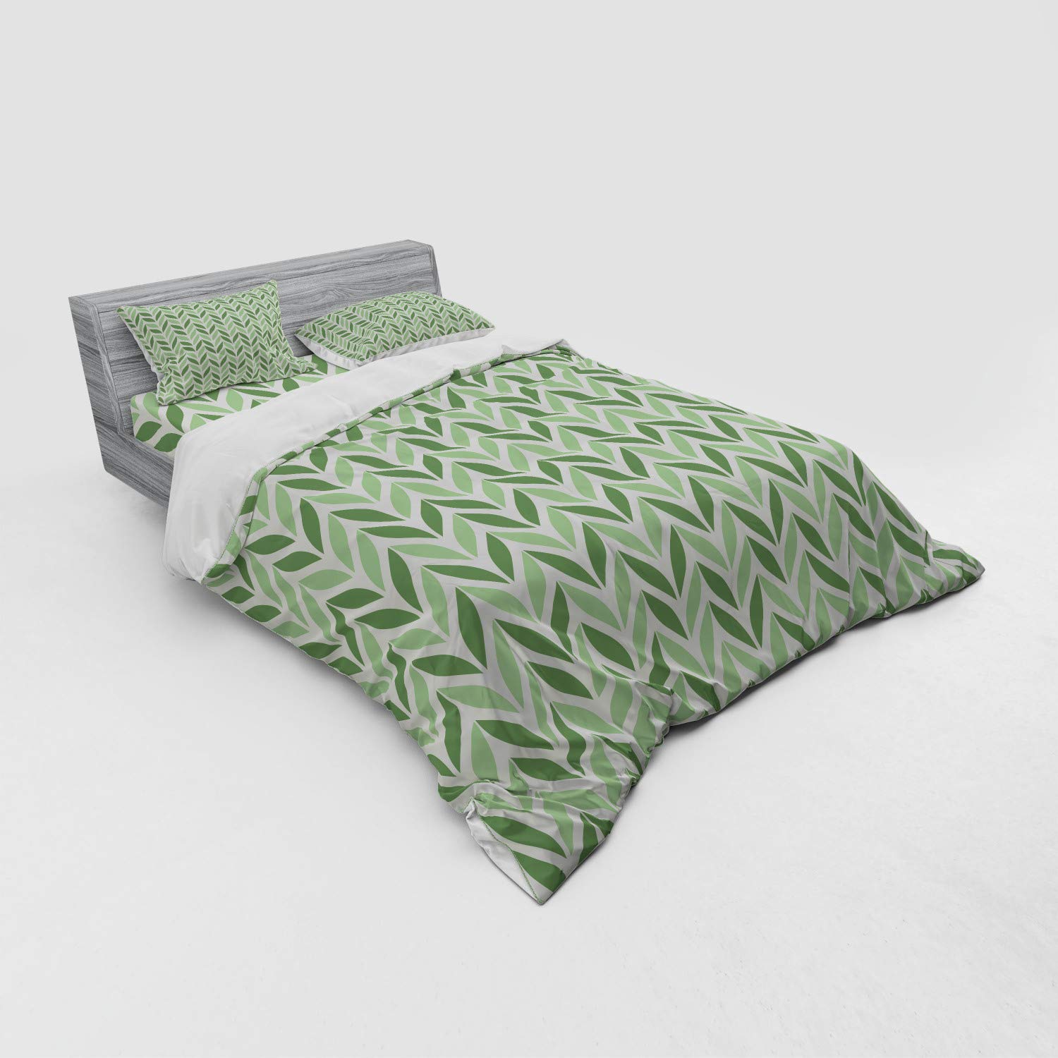 Ambesonne Retro Duvet Cover Set - Vibrant Green Spring Leaves Gardening Theme, 4-Piece Queen Size Bedding with Shams & Fitted Sheet | Nature-Inspired Diagonal Symmetric Design in Pale Green | Perfect for Spring Bedroom Decor, Guest Room Makeover & Botanical-Themed Home Styling