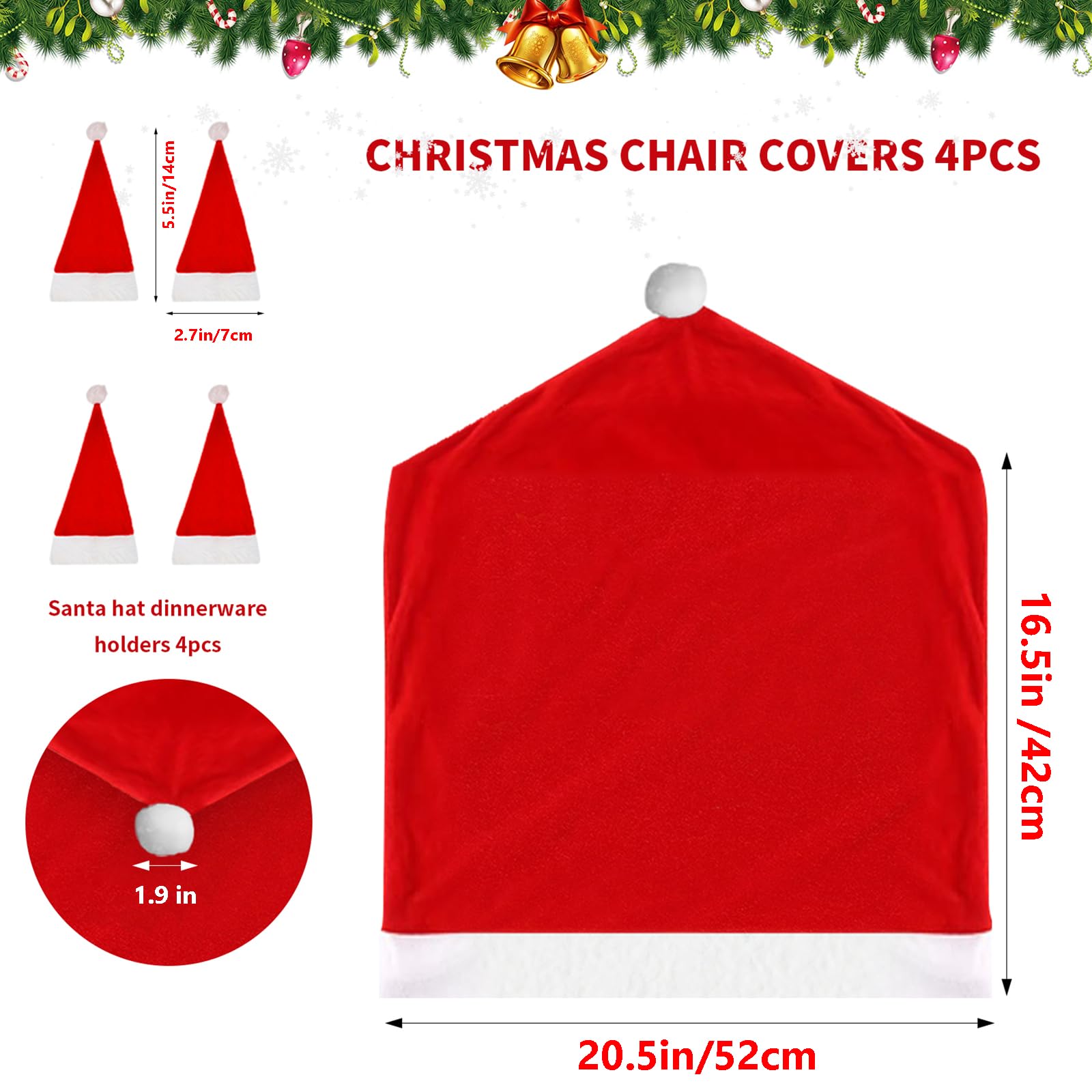 Santa Hat Chair Covers 4PCS with Silverware Holders - Christmas Dining Decor for Holiday Parties