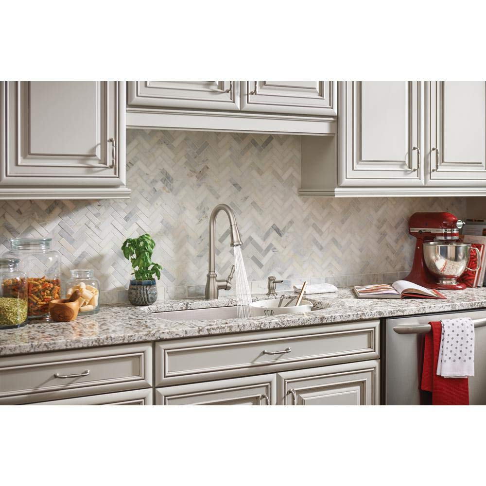 Moen Fieldstone 87808SRS Pull-Down Kitchen Faucet with Soap Dispenser - Modern Stainless Steel Design for Easy Cooking and Cleaning