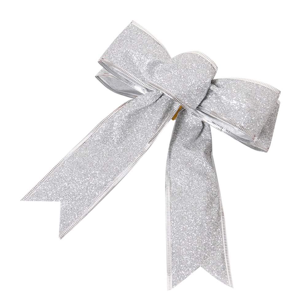 TOYANDONA Silver Glitter Christmas Ribbon Bows - 4pcs Shiny Metallic Gift Bows for Xmas Tree Decorations, Wreaths, DIY Brooch Pins & Holiday Party Decor - Perfect for Home, Office and Festive Gift Wrapping