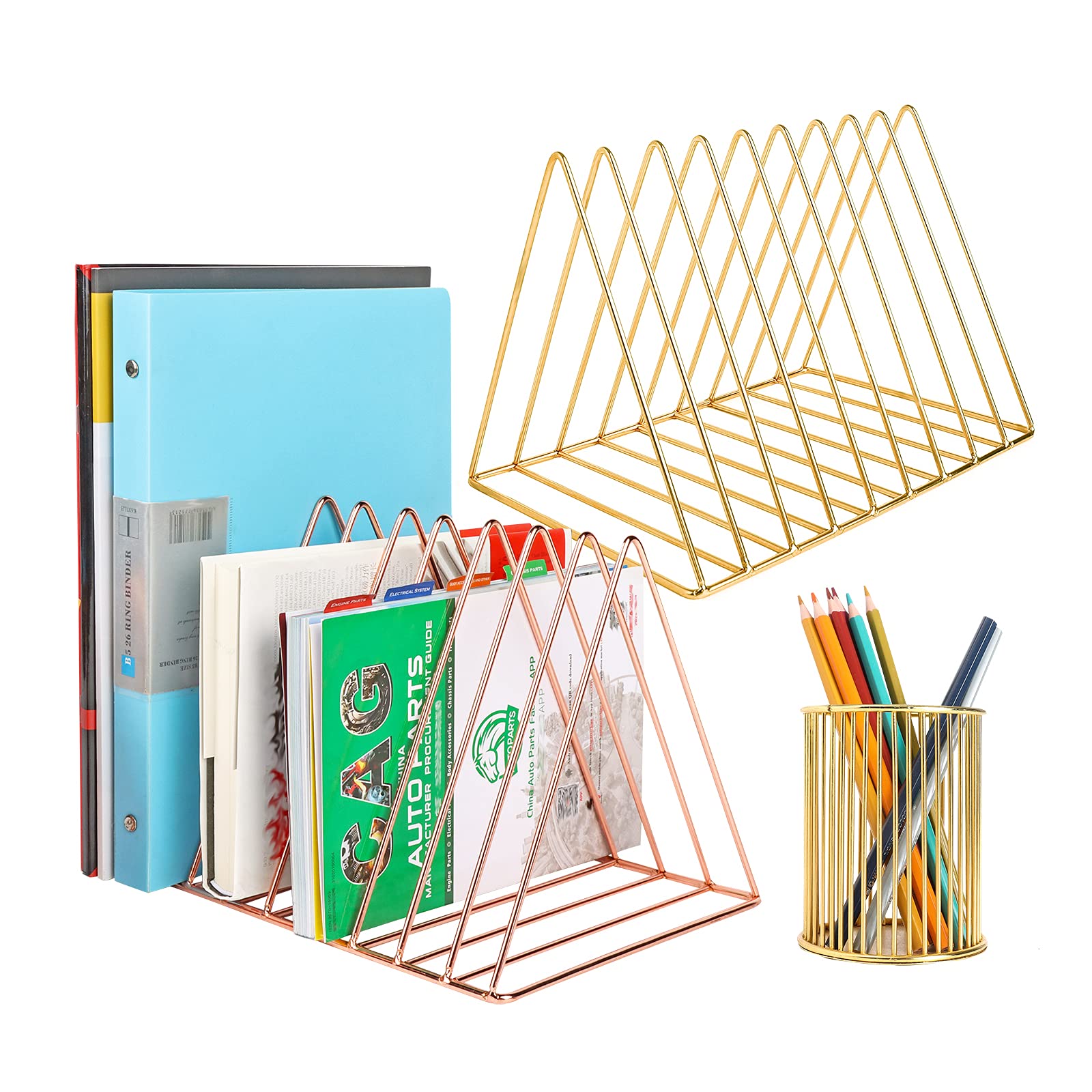 3-Pack Rose Gold Metal File Holder Organizer with Pen Holder - Vinyl Record Storage, Magazine Rack & Desktop File Sorter for Home Office Decor (Perfect for Albums, Documents & Office Supplies Organization)