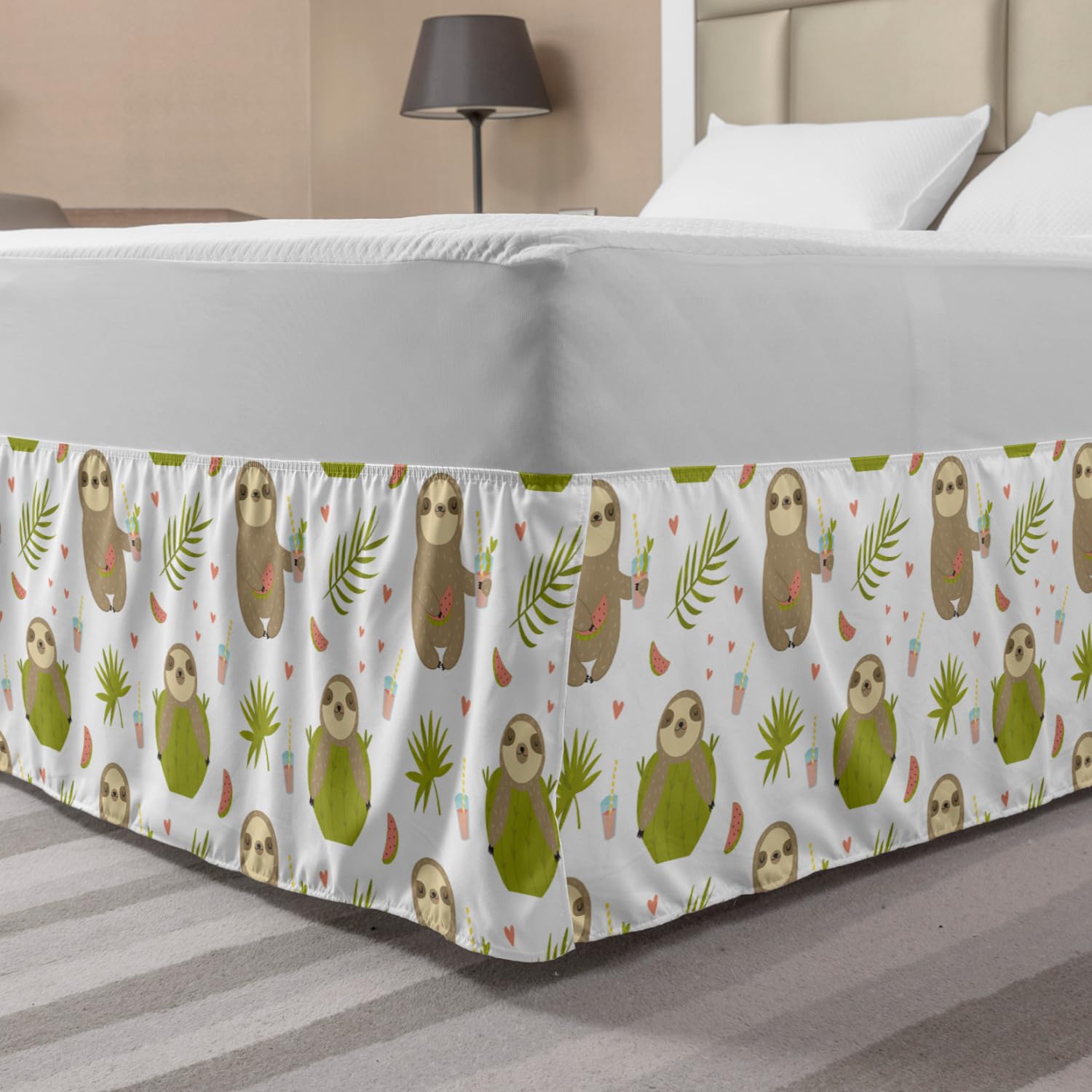 Ambesonne Sloth Cartoon Bed Skirt - King Size Elastic Dust Ruffle Wrap Around Bedskirt with Fun Cocktail Design, White & Multicolor - Perfect for Kids' Rooms, Dorm Decor & Whimsical Bedroom Themes