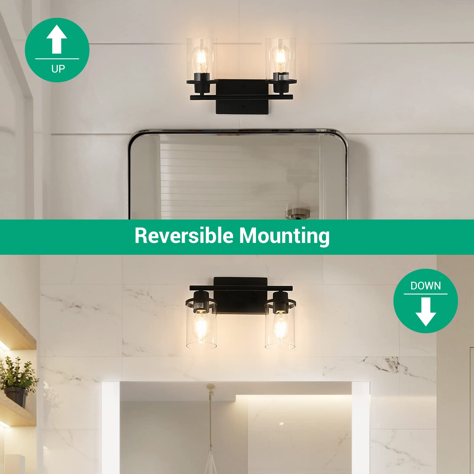 EDISHINE 2-Light Bathroom Vanity Light Fixture with Clear Glass Shades, Matte Black Vintage Wall Sconce - E26 Base (Bulbs Not Included) - Perfect for Bathroom, Bedroom, Living Room & Hallway Lighting