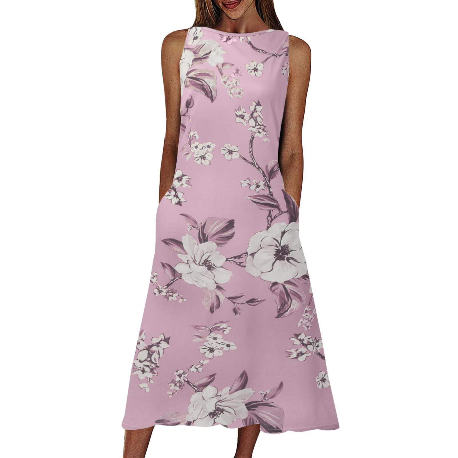 Floral Summer Tunic Dress for Women - Sleeveless A-Line Mid Length Casual Dress with Round Neck | Perfect for Spring & Summer Outings, Beach Vacations, and Casual Wear
