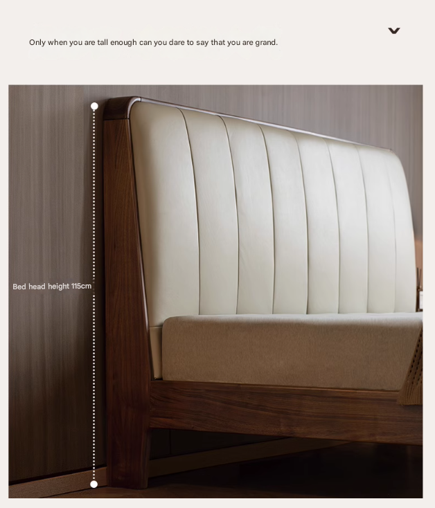 Premium Black Walnut Solid Wood Bed with Genuine Leather Upholstery - USB Charging Ports Included - Perfect for Master Bedrooms & Guest Rooms