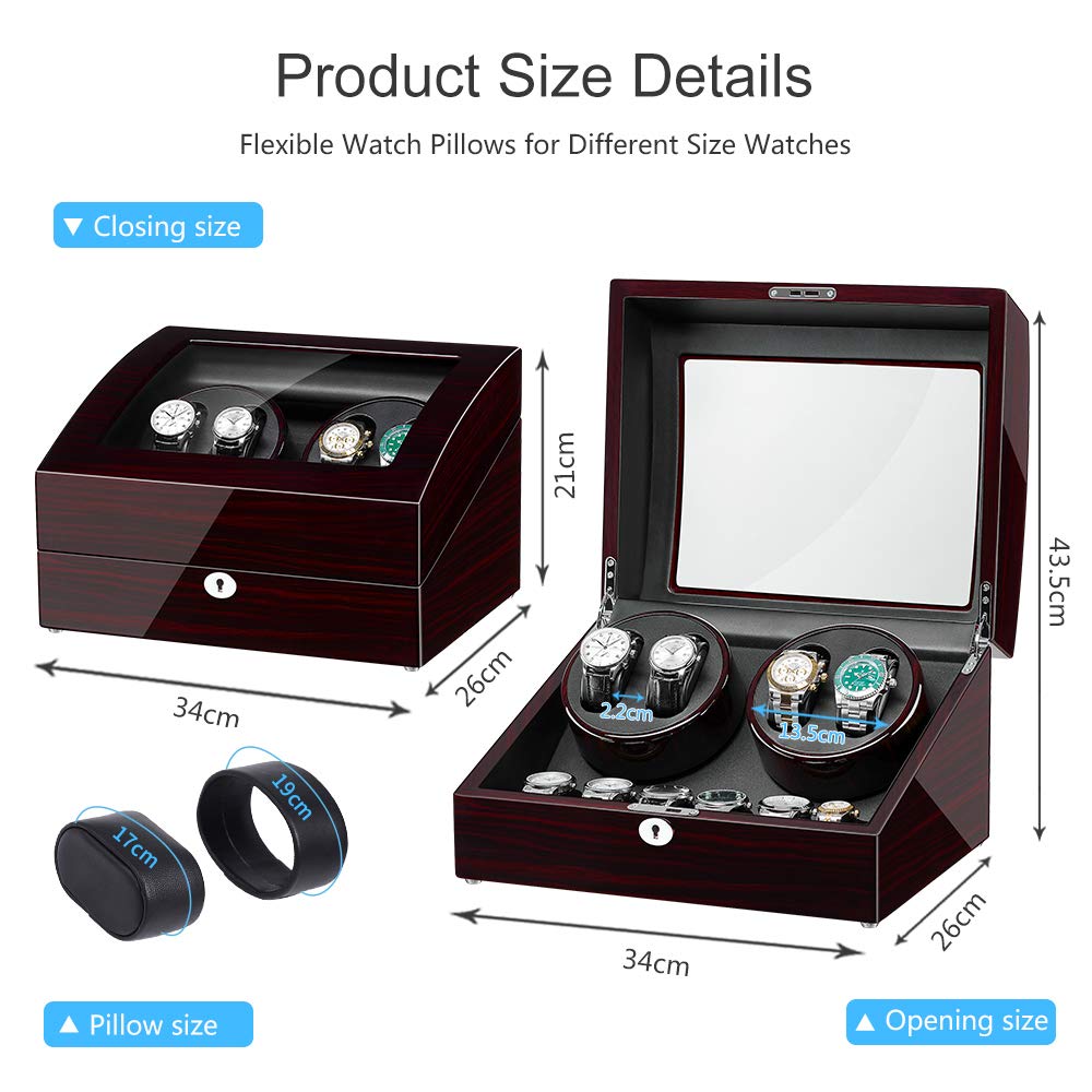 JQUEEN Automatic Watch Winder with Quiet Motor - 10 Watch Storage Case (4+6 Capacity) with Soft Flexible Pillows | Perfect for Watch Collectors & Luxury Timepiece Display at Home/Office