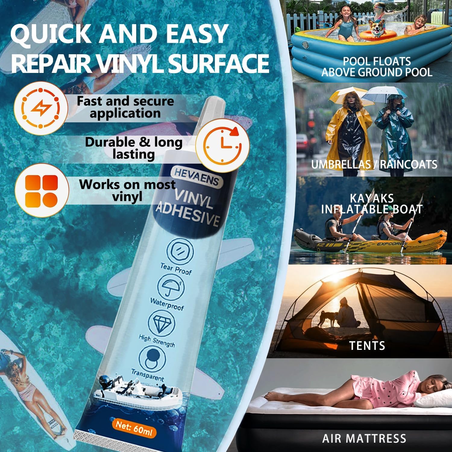 Heavy Duty Air Mattress Patch Kit - Inflatable Repair Kit for Air Mattress, Bounce House, Pool Toys, PVC Boat & Tent - Waterproof TPU Glue with UV Protection - Perfect for Camping, Pool Parties & Outdoor Adventures