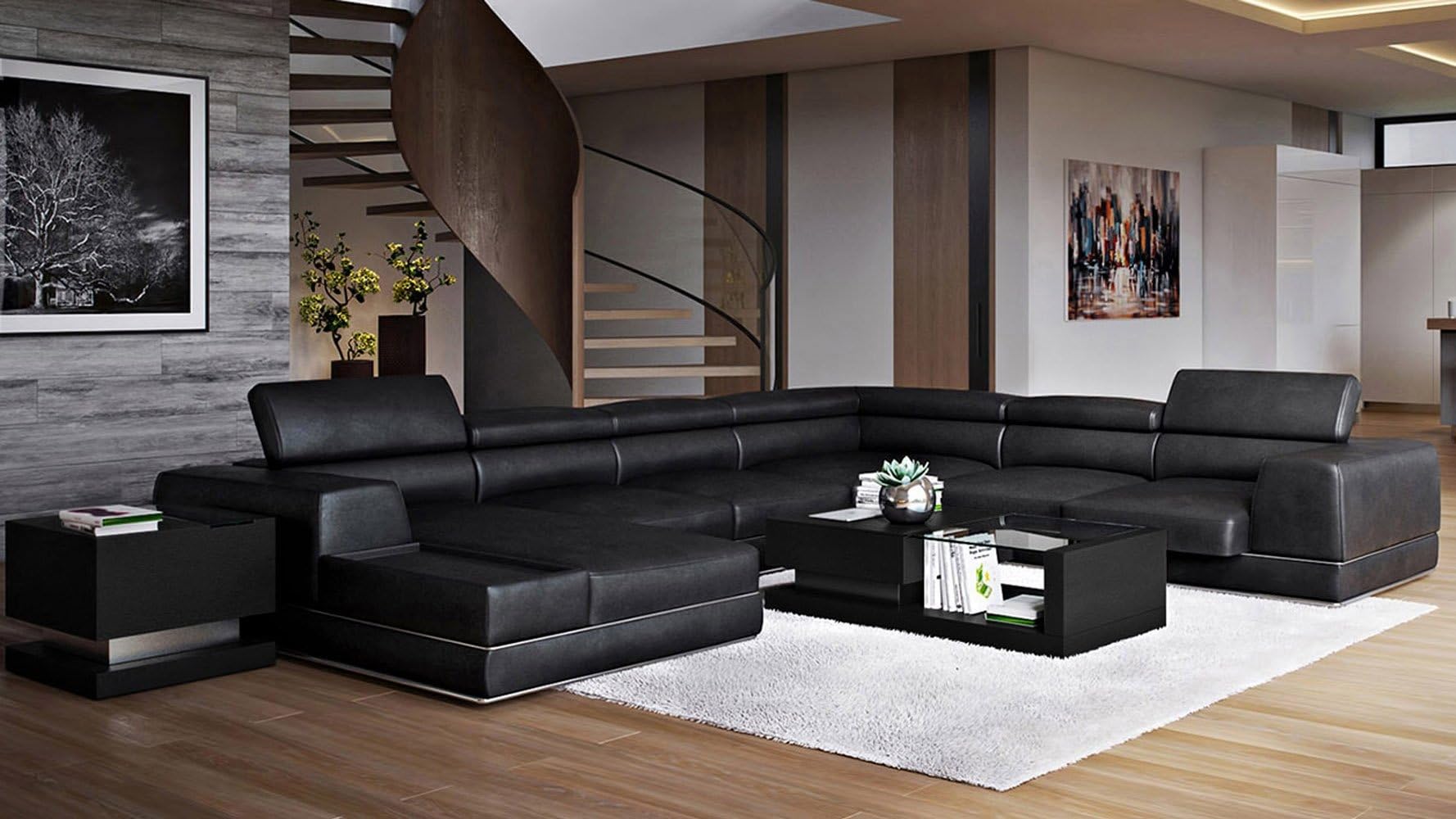 Premium ZURI Wynn Black Genuine Leather U-Shaped Sectional Sofa with Adjustable Headrests - Left Chaise for Living Room, Lounge & Home Theater - Modern Comfortable L-Shaped Couch for Family Gatherings & Relaxation
