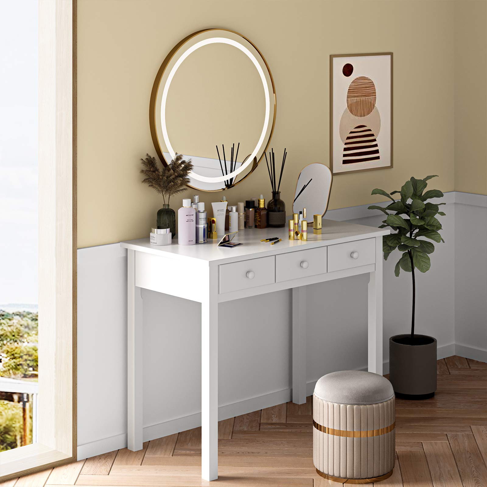 ADORNEVE 7-Drawer Writing Desk with Hutch - White Home Office Desk, Study Table for Students, Small Solid Pine Wood Legs - Perfect for Dorm Rooms, Bedrooms & Compact Workspaces
