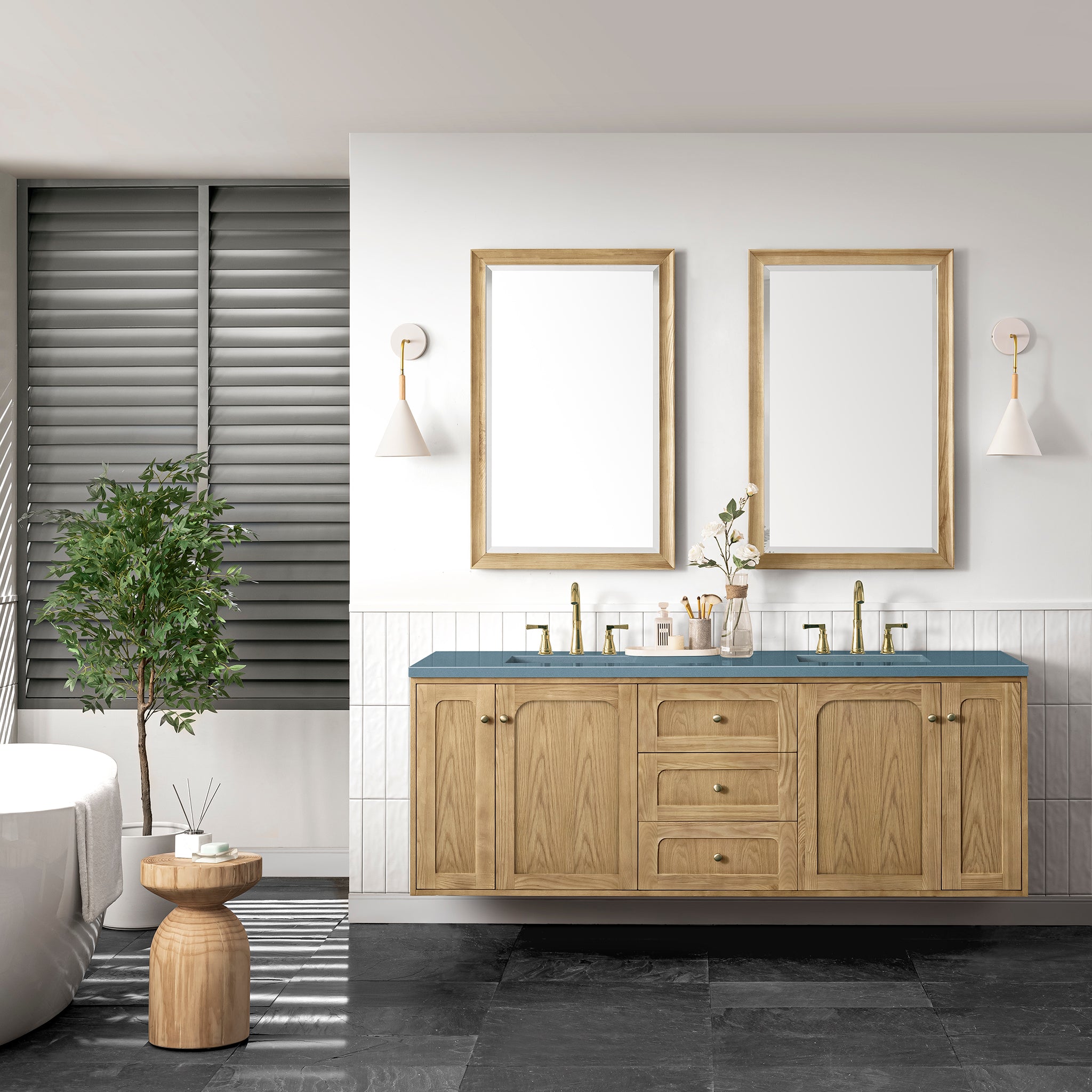 Laurent 72 Inch Double Bathroom Vanity with Light Natural Oak Finish & 3CM Cala Blue Quartz Top - Modern Bathroom Storage Solution for Master Bath or Guest Suite