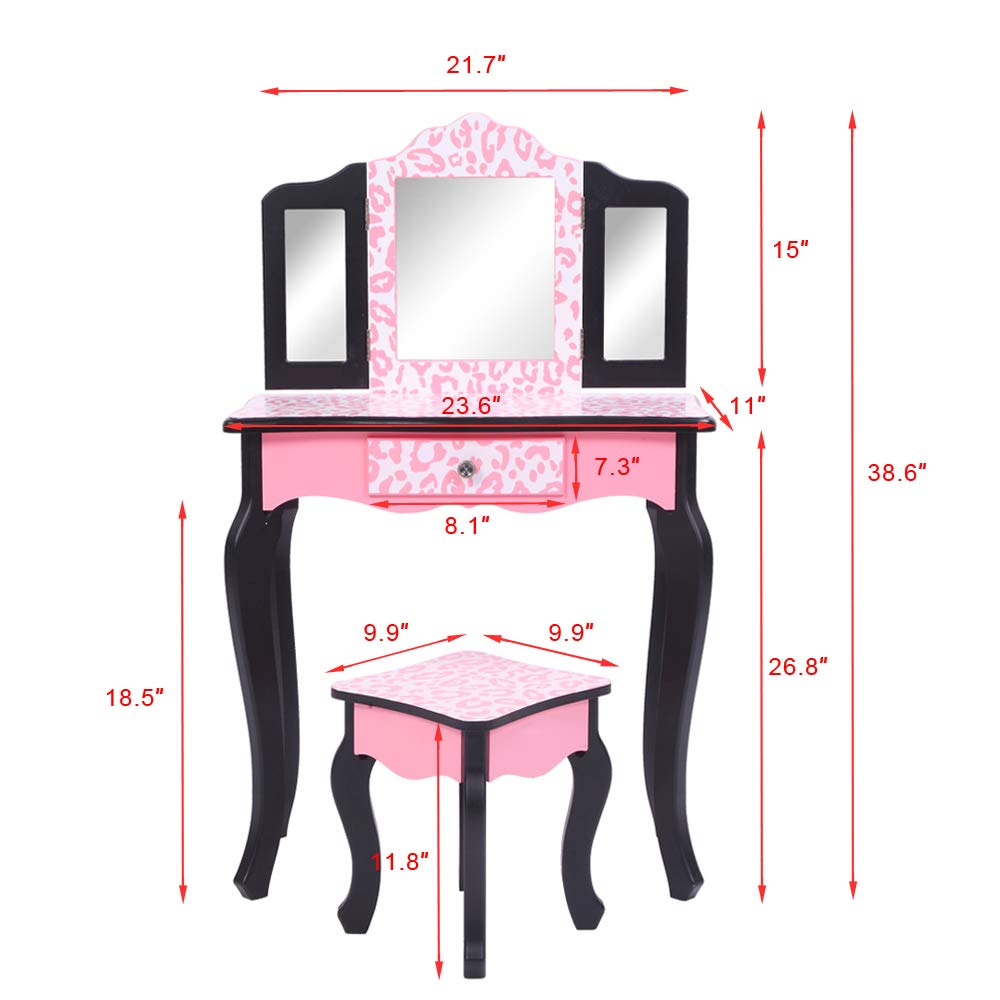 Pink and Black Kids Vanity Set with Three-Fold Mirror, Vanity Table & Chair, Single-Drawer Dressing Table for Girls - Perfect for Bedroom Decor, Pretend Play & Birthday Gifts