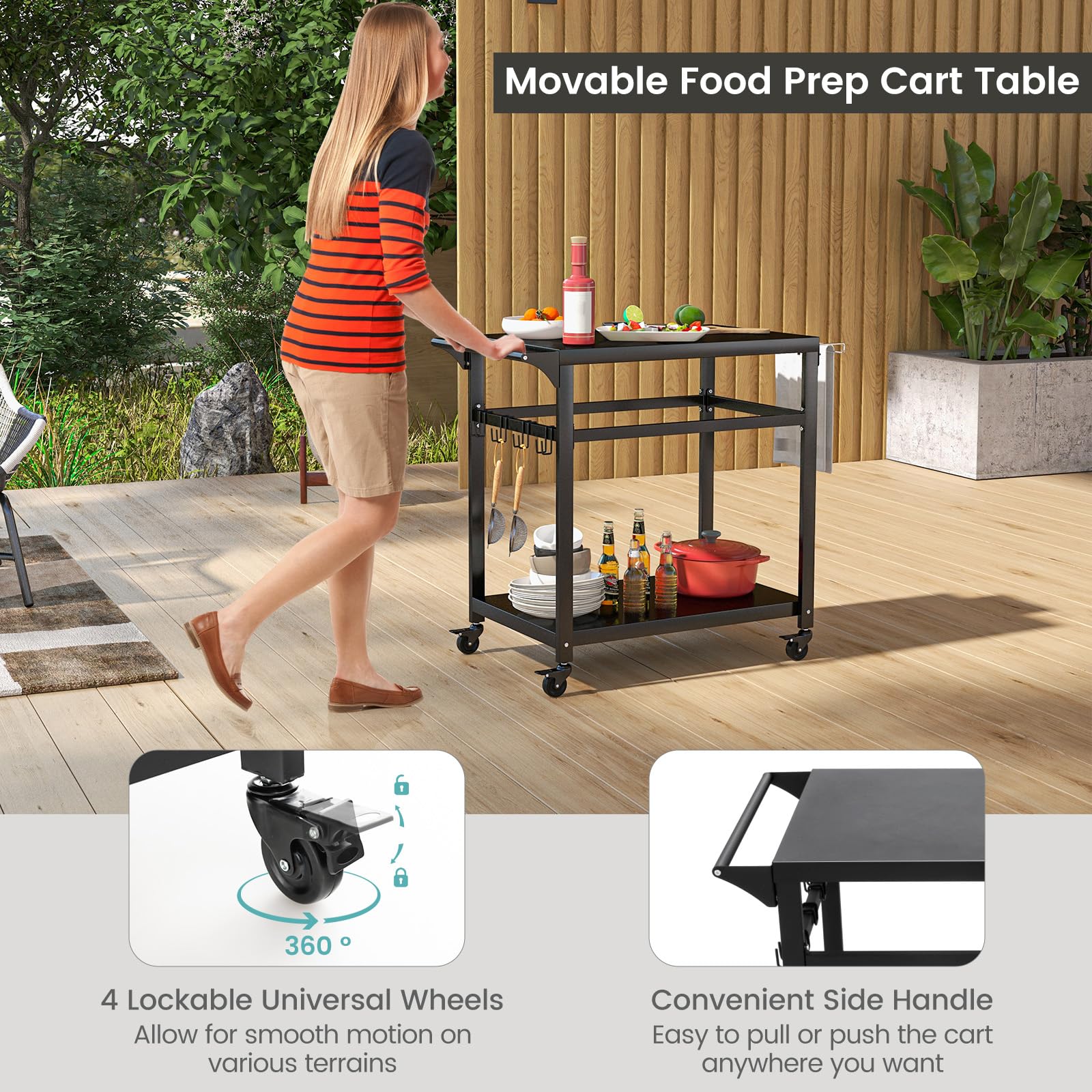 Giantex Outdoor Grill Cart with Lockable Wheels - Double Shelf BBQ Prep Table, Pizza Oven Stand with Garbage Bag Holder & Removable Hooks | Portable Kitchen Cart for Backyard BBQ, Camping, Tailgating & Outdoor Dining Parties