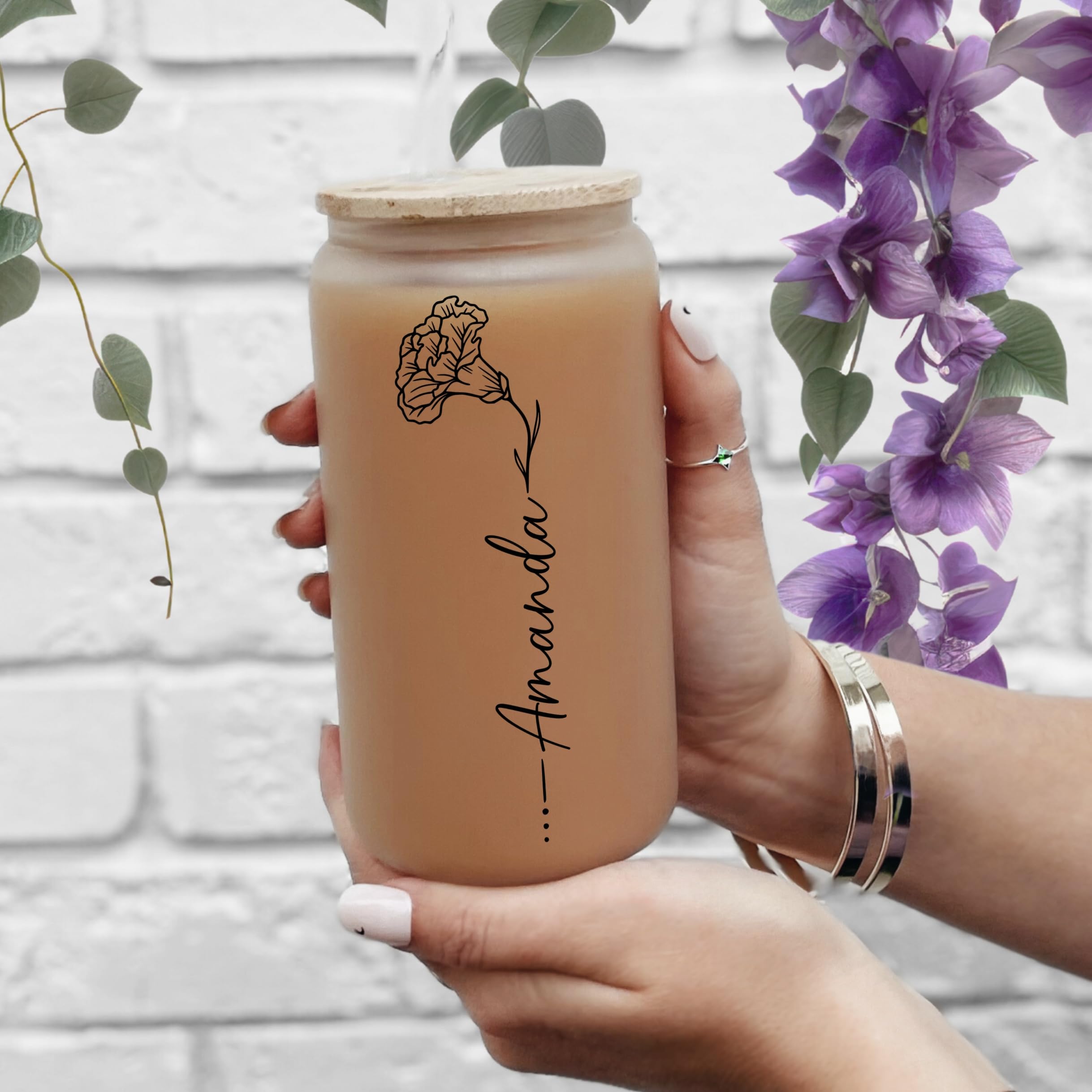 Custom Birth Month Flower Glass Tumbler with Name - Personalized Travel Cup with Lid & Straw - Unique Bridesmaid Proposal Gift - Birthday Present for Women, Mom - Perfect for Coffee, Tea & On-the-Go Hydration